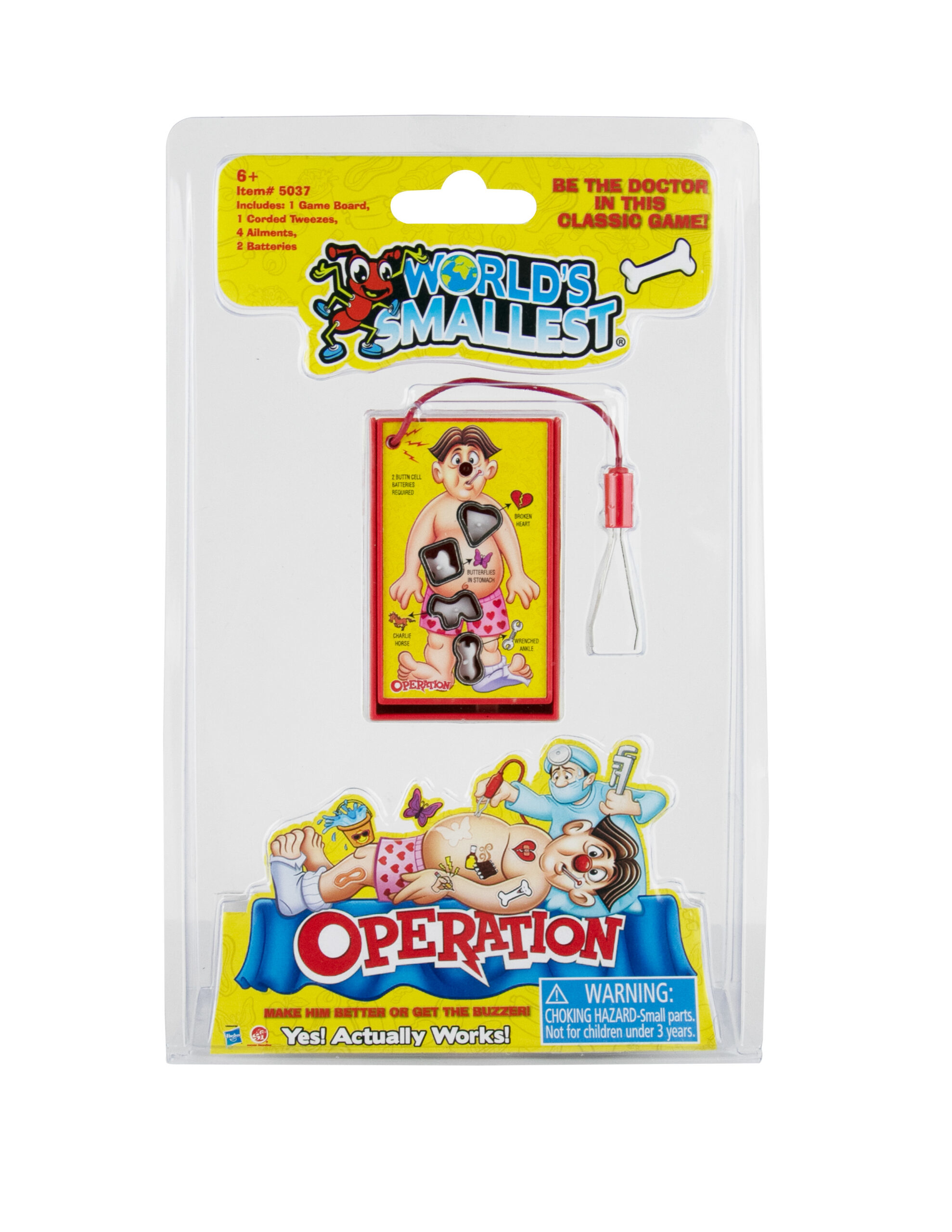 Confezione del gioco 'Operation' più piccolo del mondo, con paziente e attrezzi.