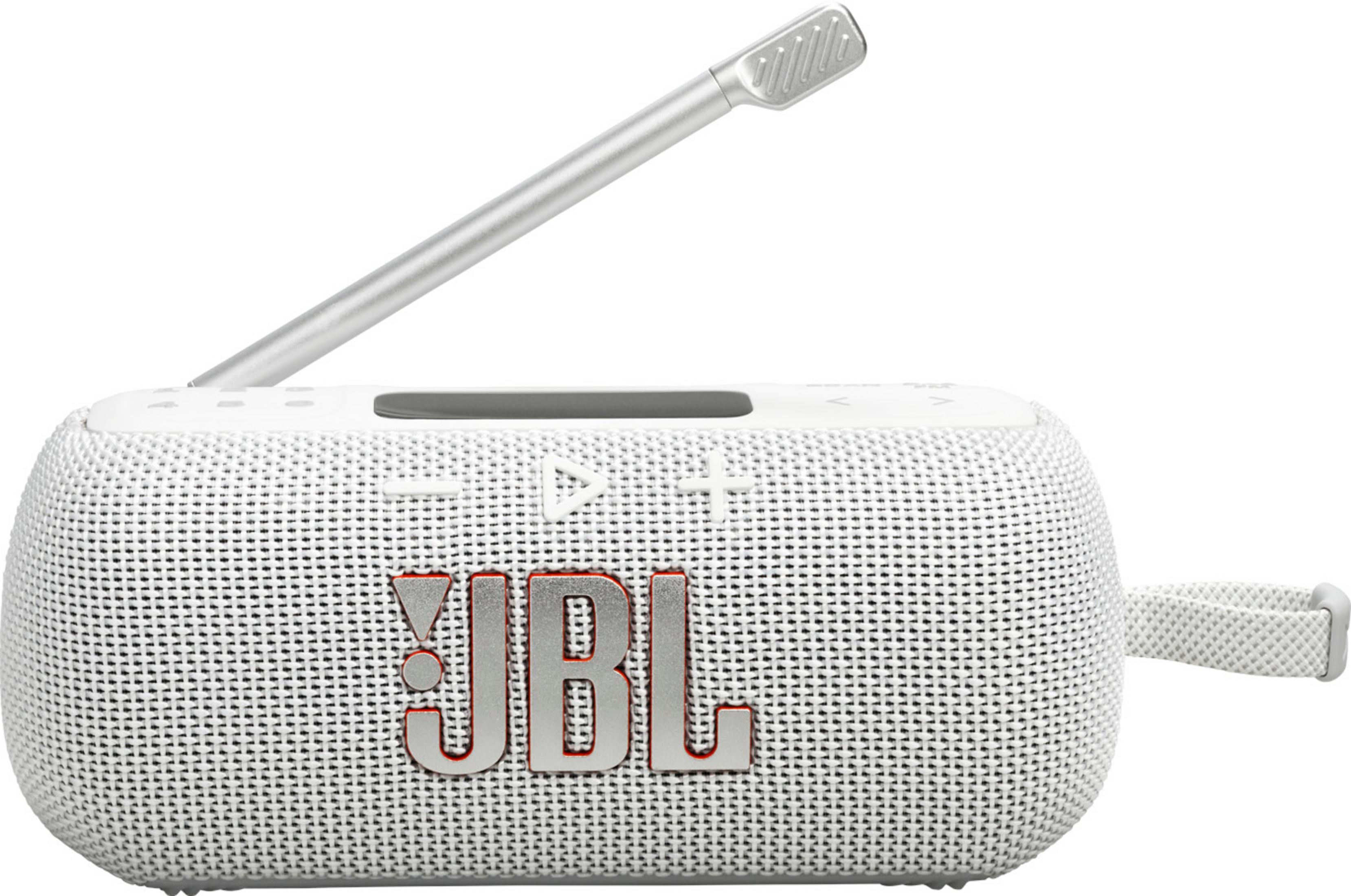 Altavoz JBL blanco con antena plateada y correa.