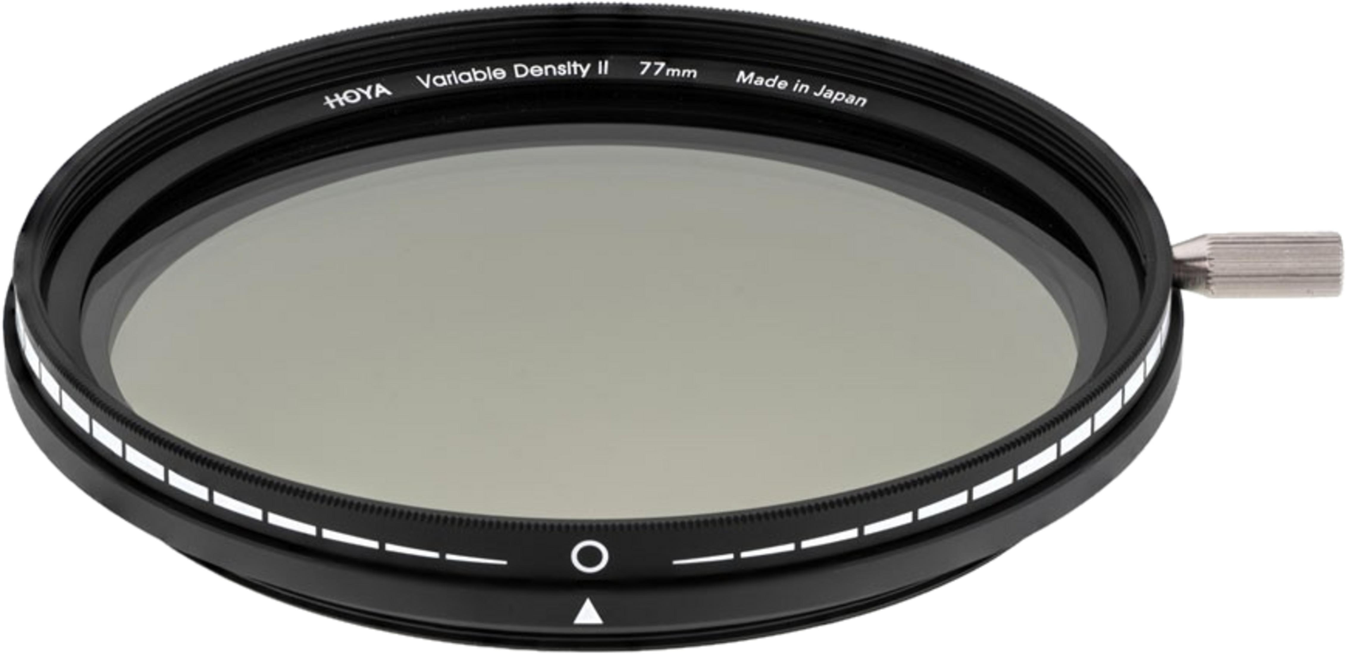 Ein Hoya Variable Density II 77mm Objektivfilter mit silbernem Einstellrad.