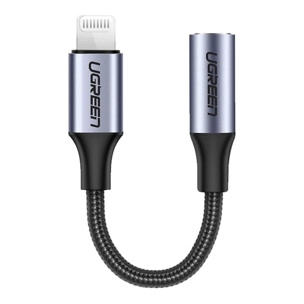 Gri metal kasalı UGREEN Lightning - 3,5 mm kulaklık adaptör kablosu.