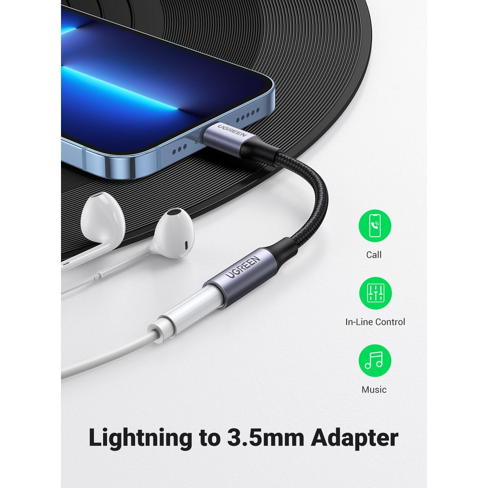 UGREEN adaptör iPhone'u kulaklığa bağlar. Arama, kontrol, müzik simgeleri.