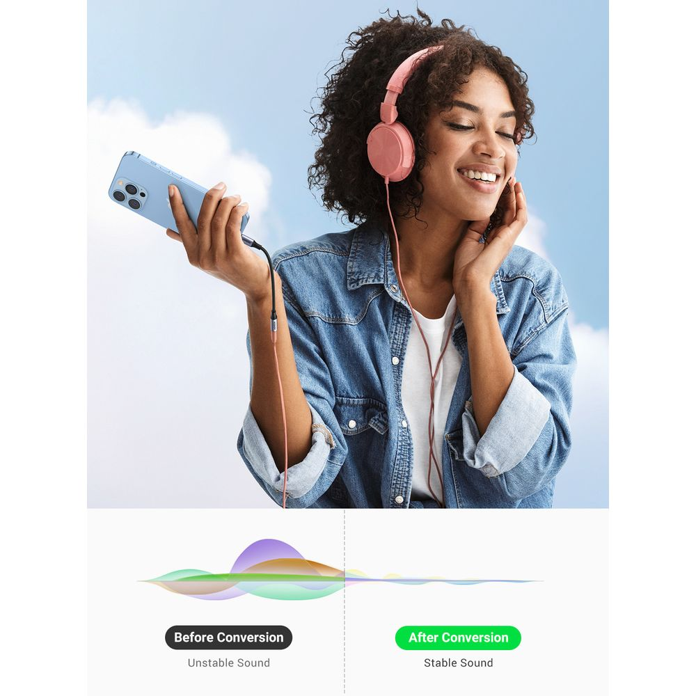 Kulaklıklı kadın akıllı telefondan müzik dinliyor. Altta: ses dalgası.