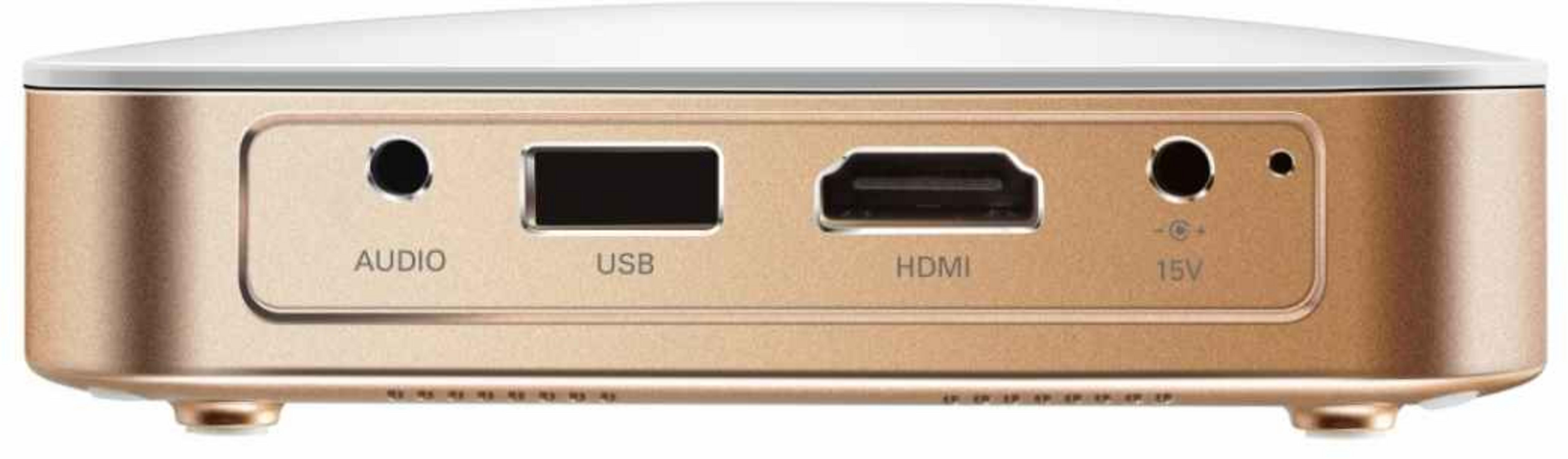 Un lecteur multimédia doré avec ports audio, USB et HDMI.