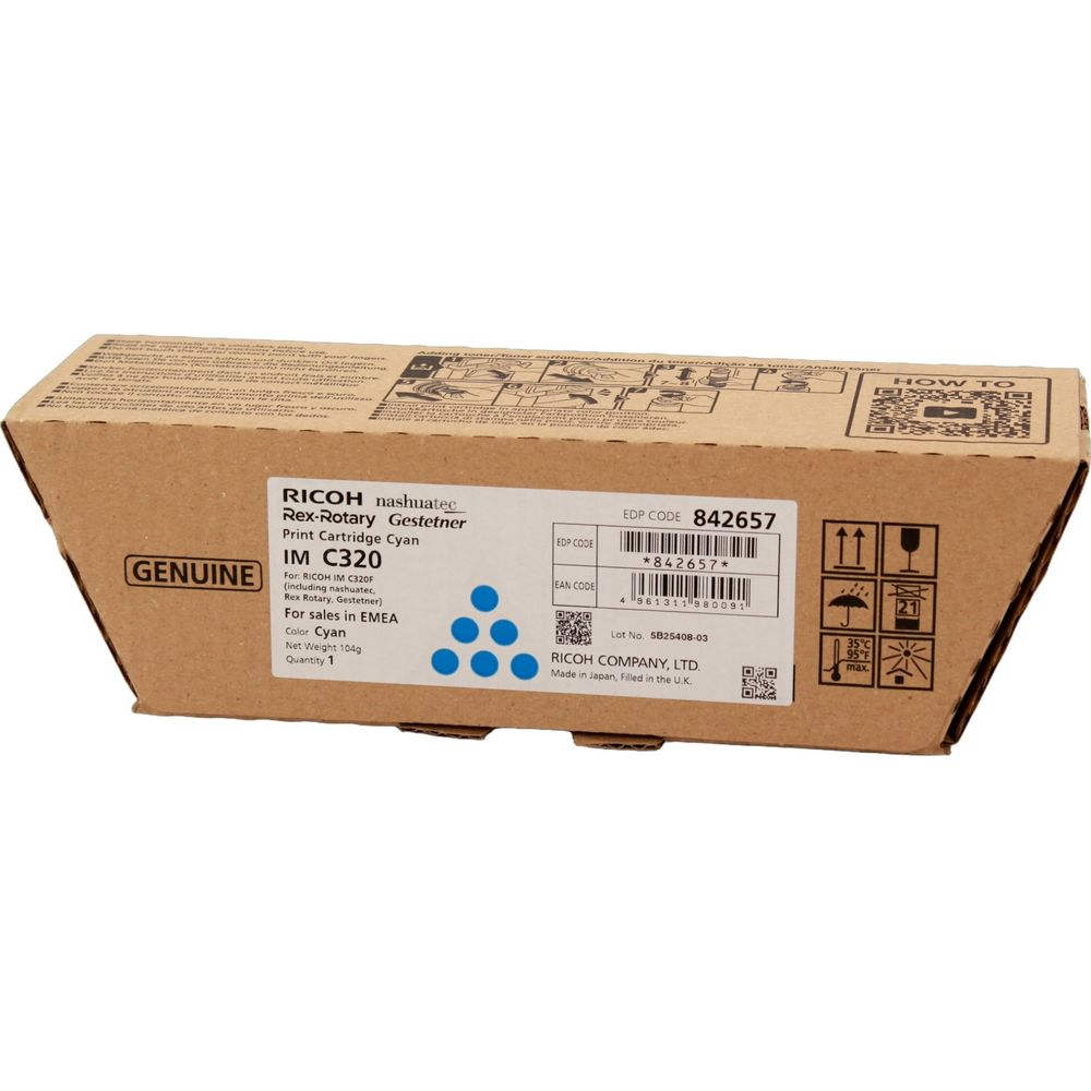 Toner Ricoh Cyan w oryginalnym opakowaniu z etykietą.