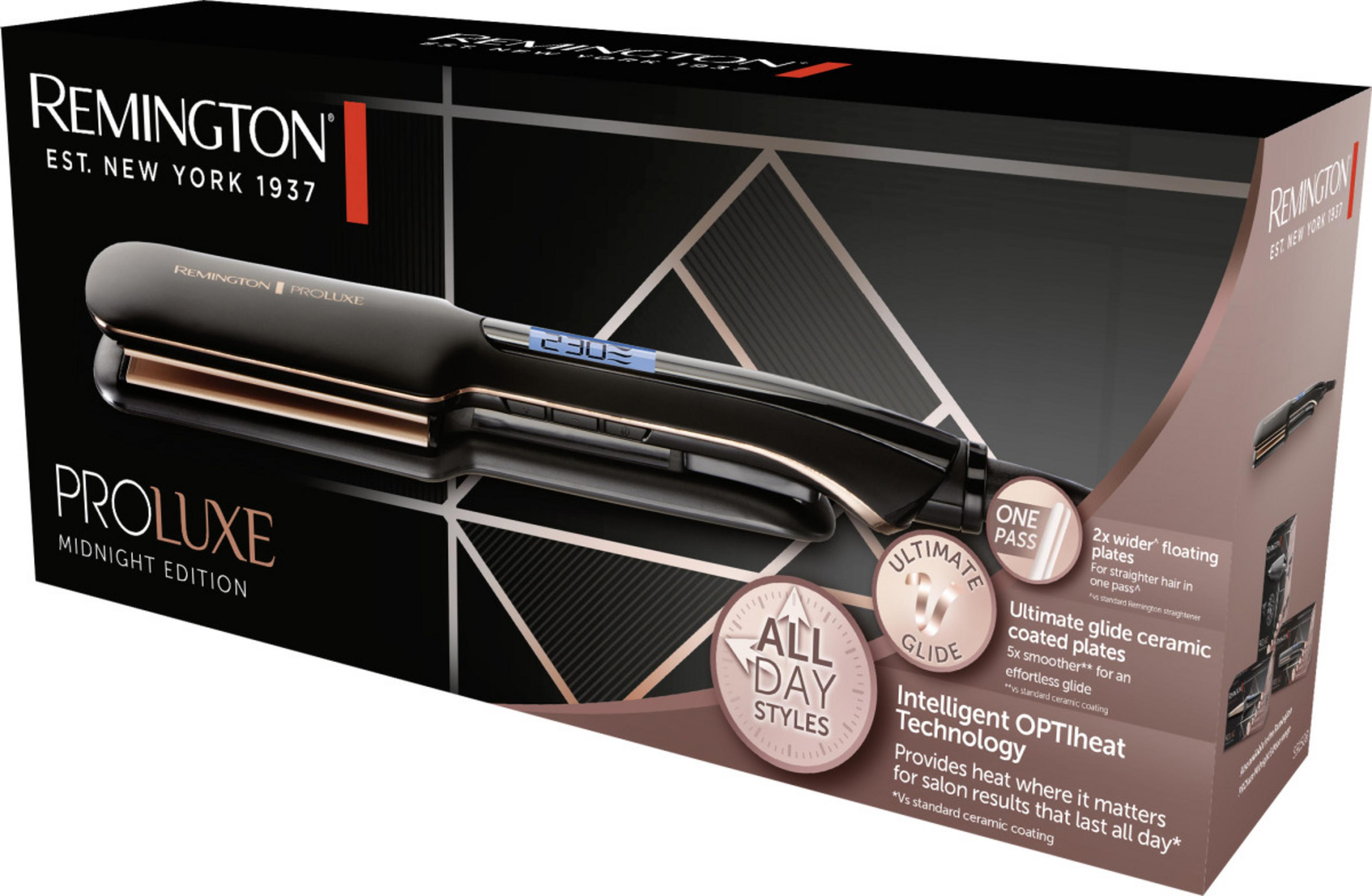 Opakowanie prostownicy Remington Proluxe z cyfrowym wyświetlaczem i cechami produktu.