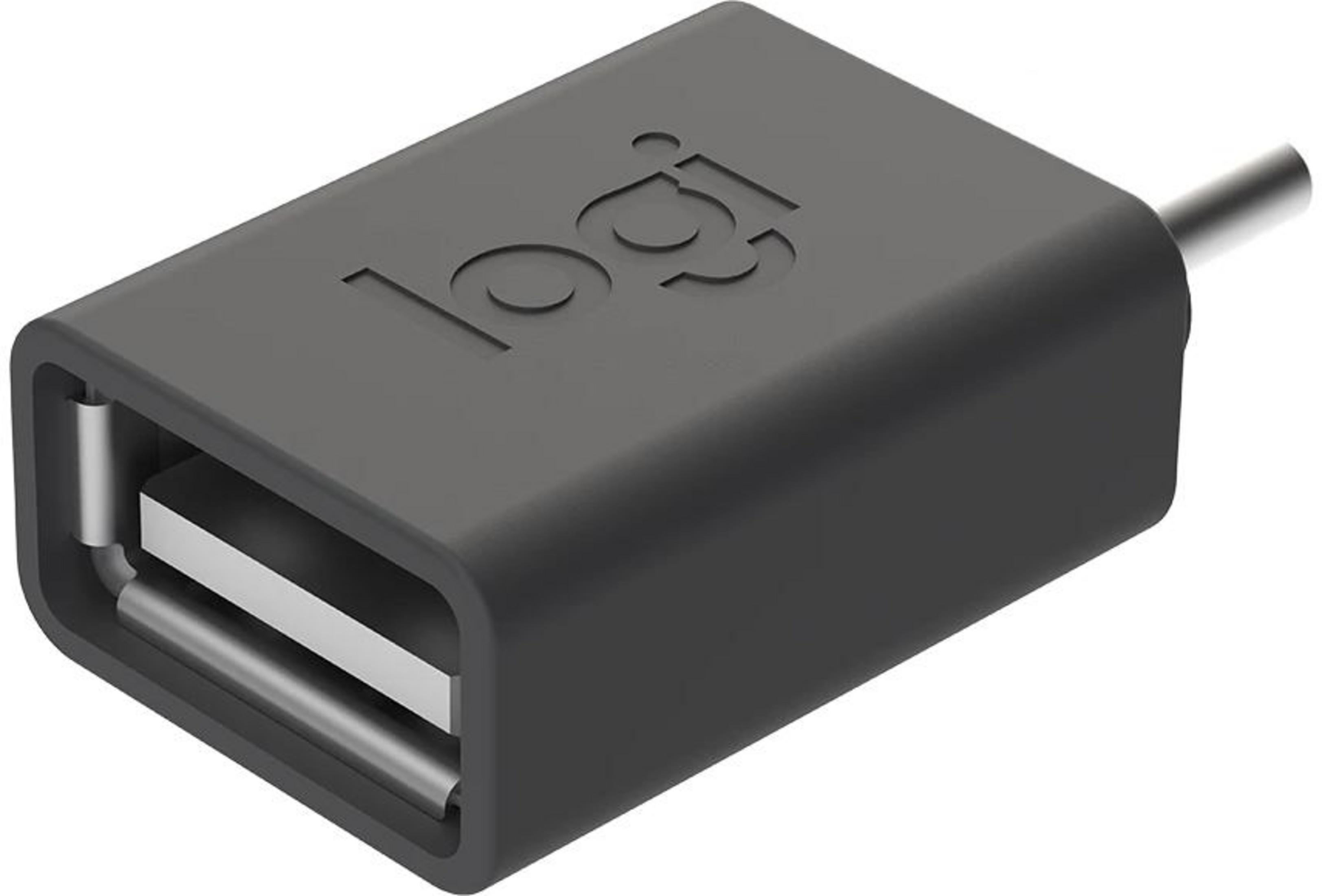 Adattatore USB nero con logo Logi e connessione cavo.