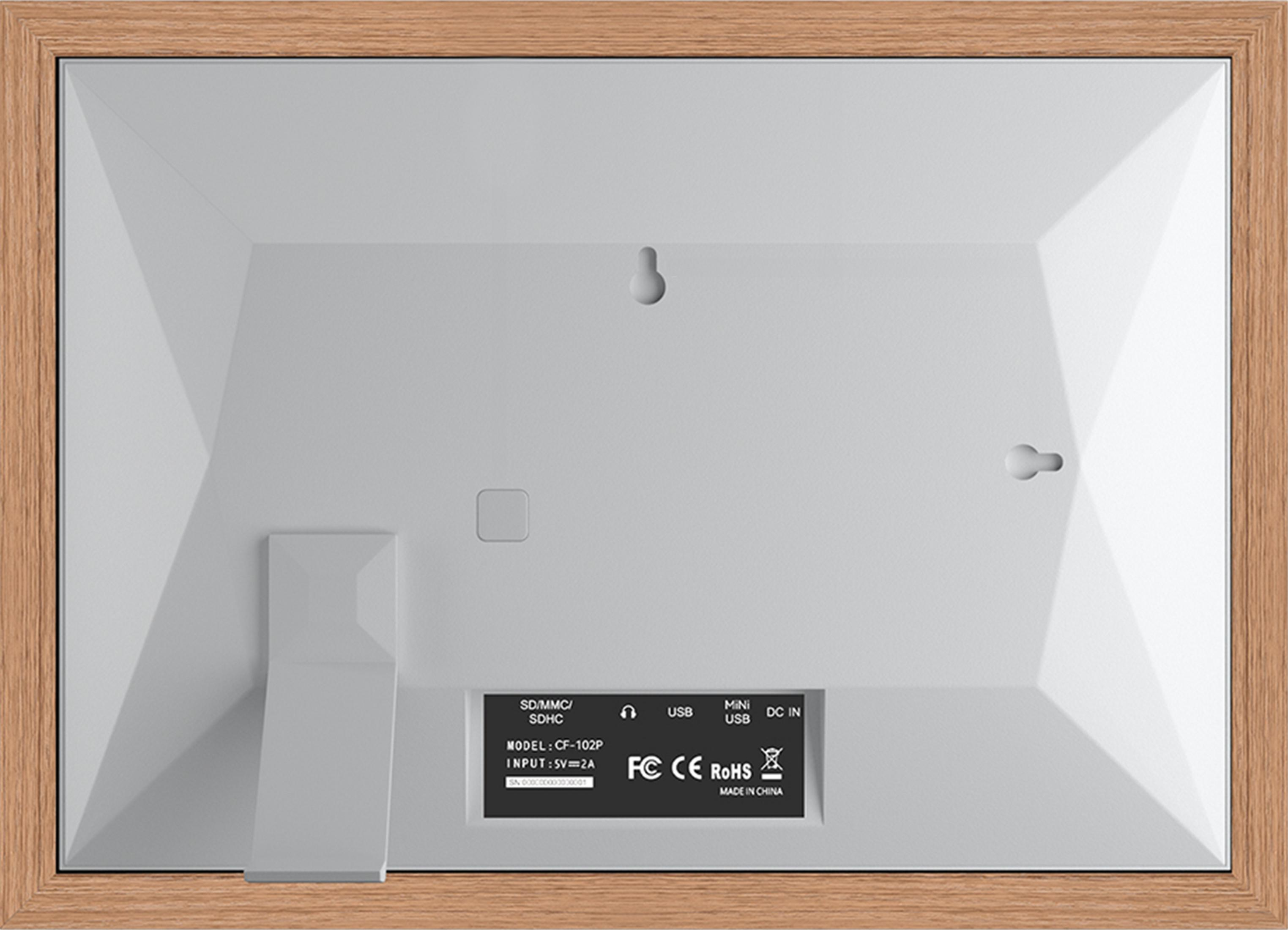 Rückseite eines digitalen Fotorahmens mit Holzrahmen. Anschlüsse: SD/MMC, USB, Mini USB, DC IN.