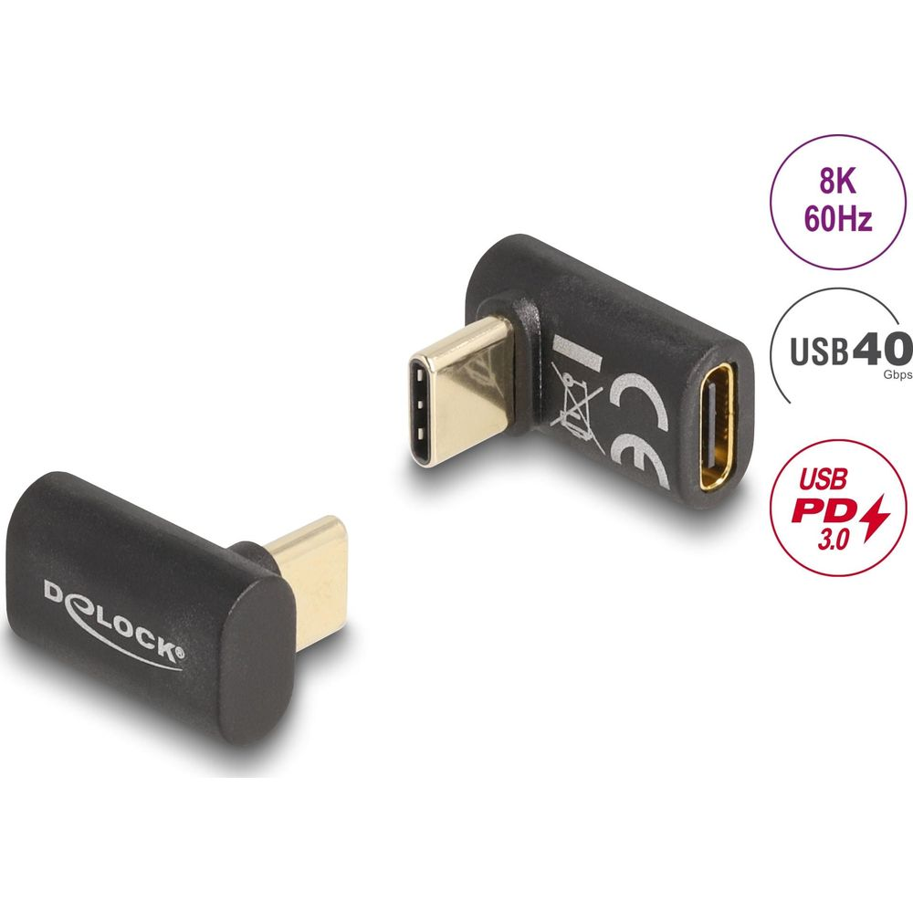 Dwa czarne adaptery USB-C: jeden z logo Delock, drugi ze znakiem CE.