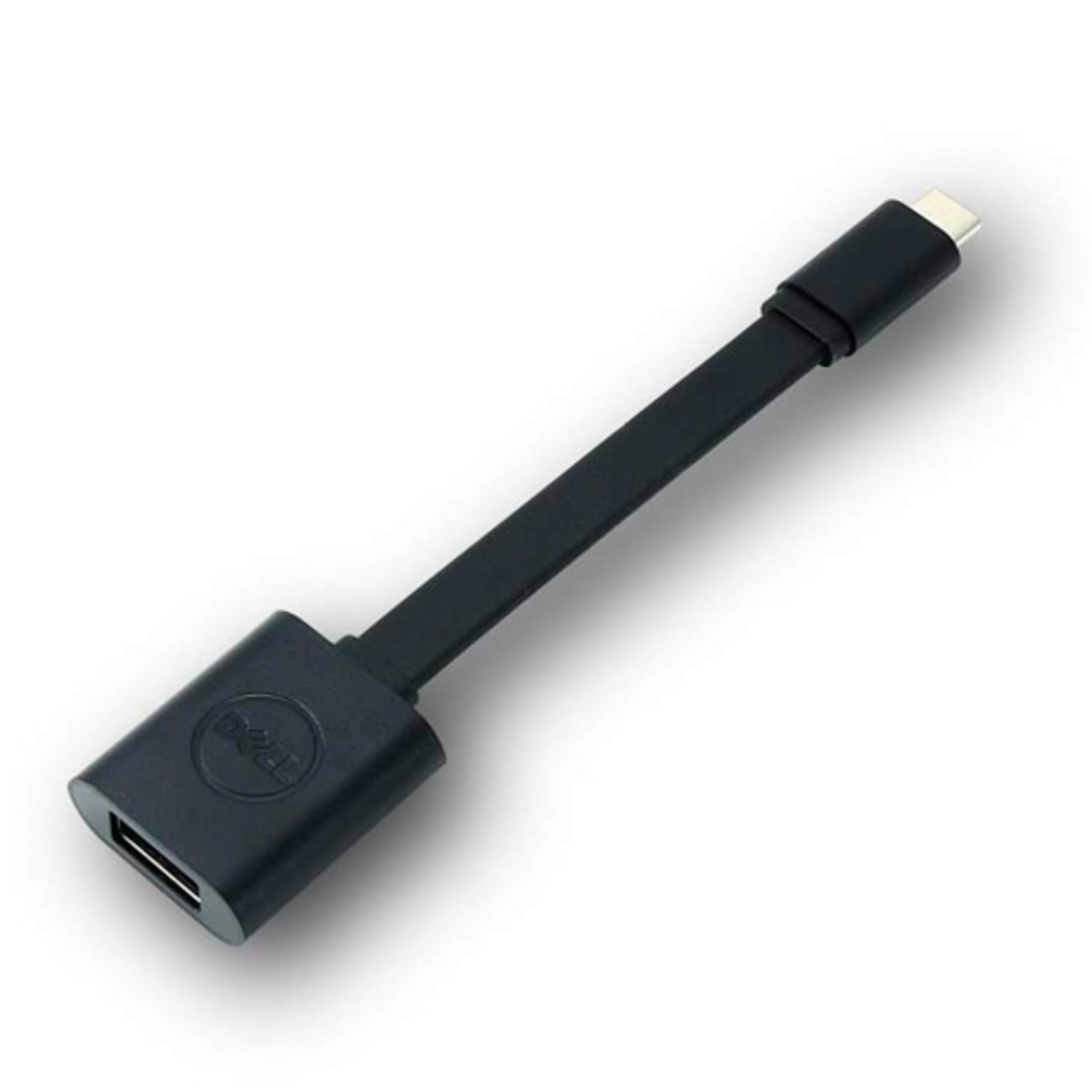 Görünür Dell logosuna sahip siyah Dell USB-C - USB-A adaptör kablosu.