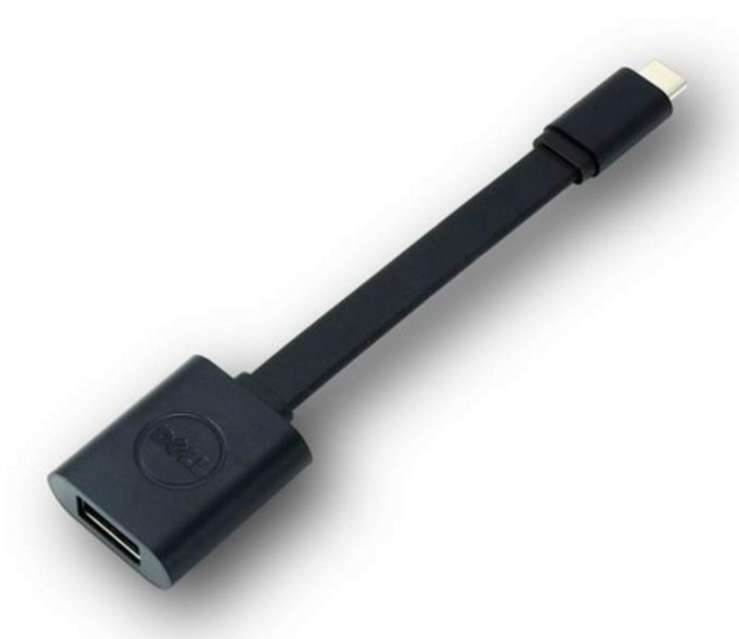 USB-A bağlantı noktalı ve USB-C konektörlü siyah Dell adaptörü.