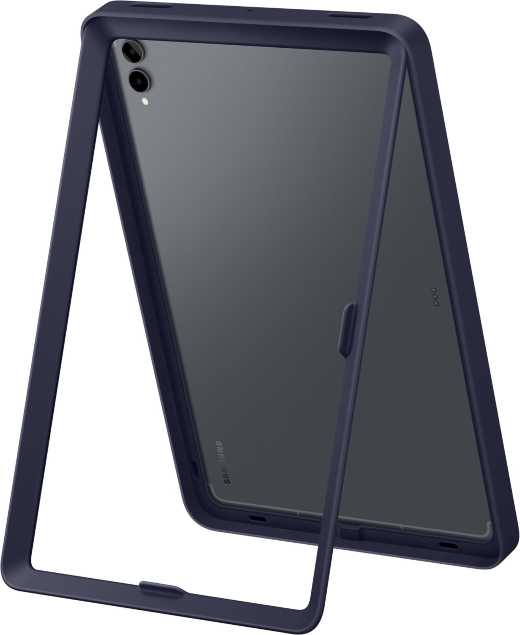 Un tablet blu scuro con custodia protettiva, su sfondo bianco.