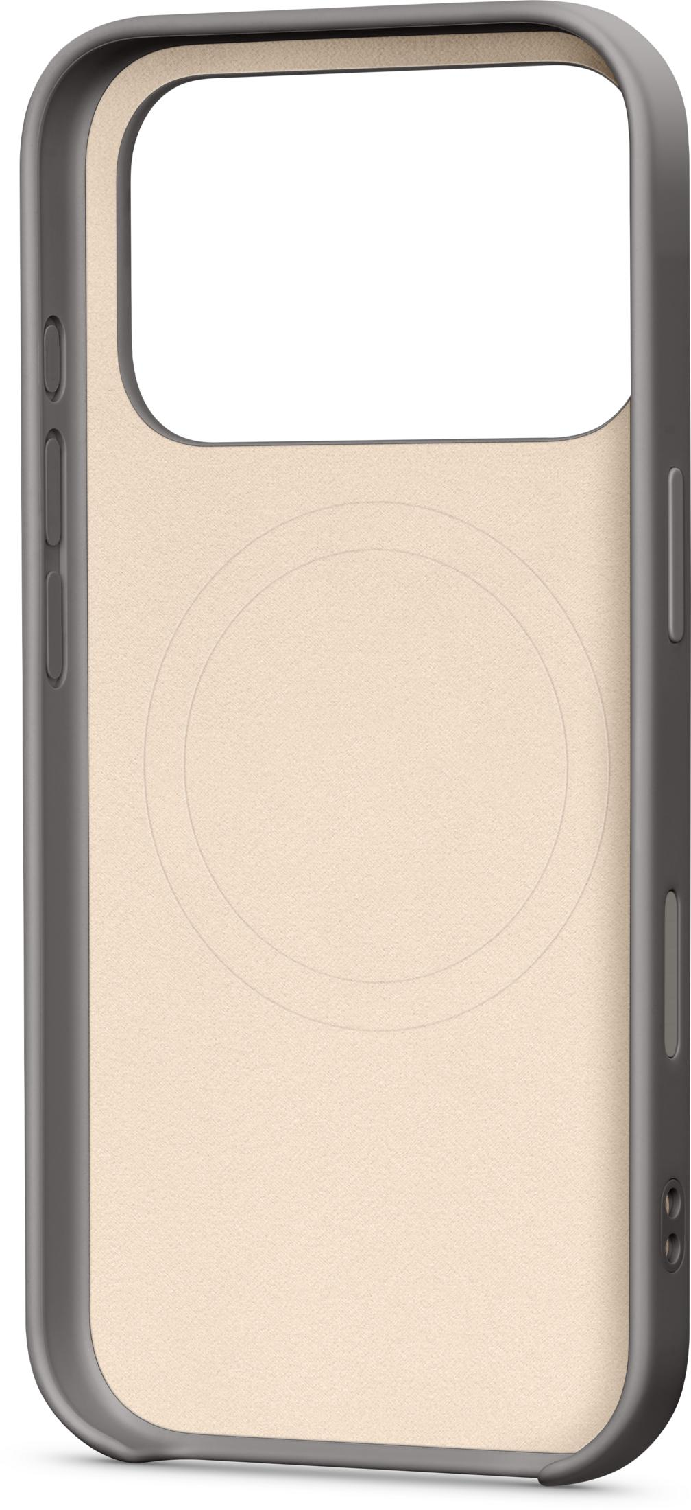 Szara obudowa na telefon z beżowym tyłem i okrągłymi liniami magnetycznymi.