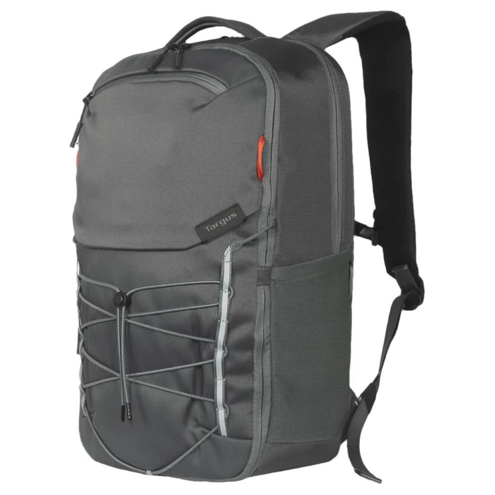 Mochila Targus gris con cordones elásticos y detalles naranjas.
