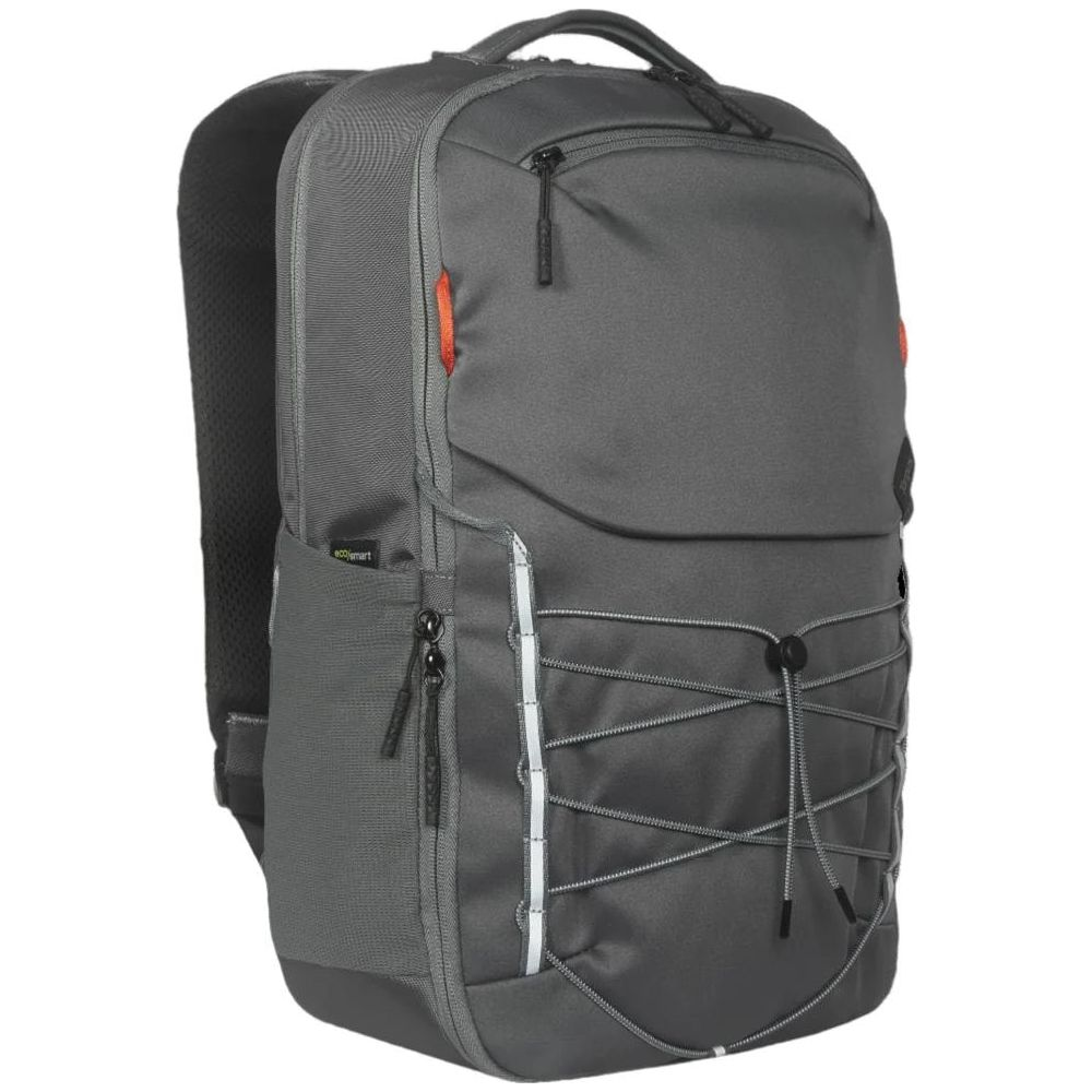 Mochila gris con detalles naranjas y cordones elásticos