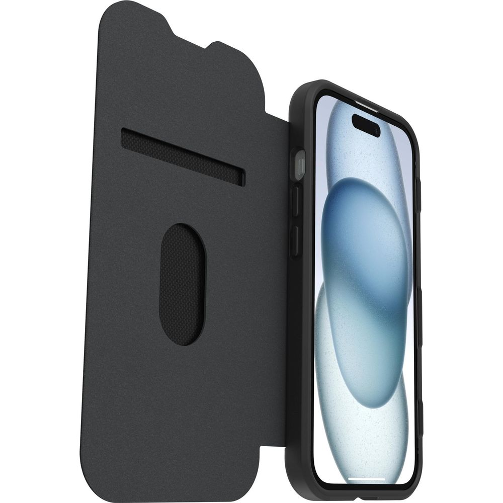 Telefono nero con custodia aperta e schermo acceso.