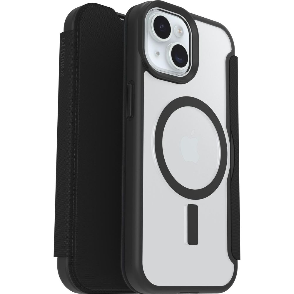 Una custodia Otterbox nera per iPhone con retro trasparente e anello magnetico.