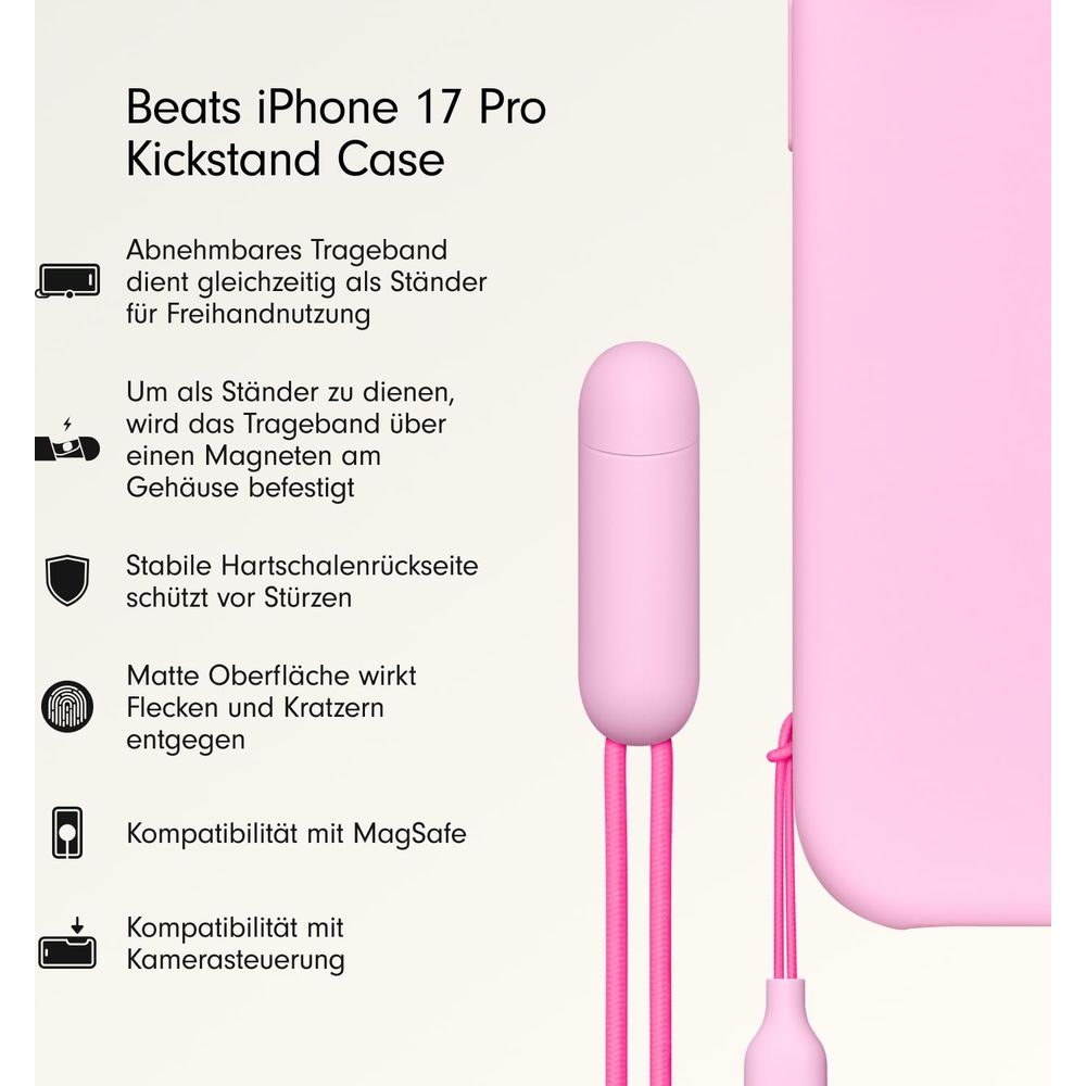 Una funda rosa para iPhone 17 Pro con soporte y correa desmontable.