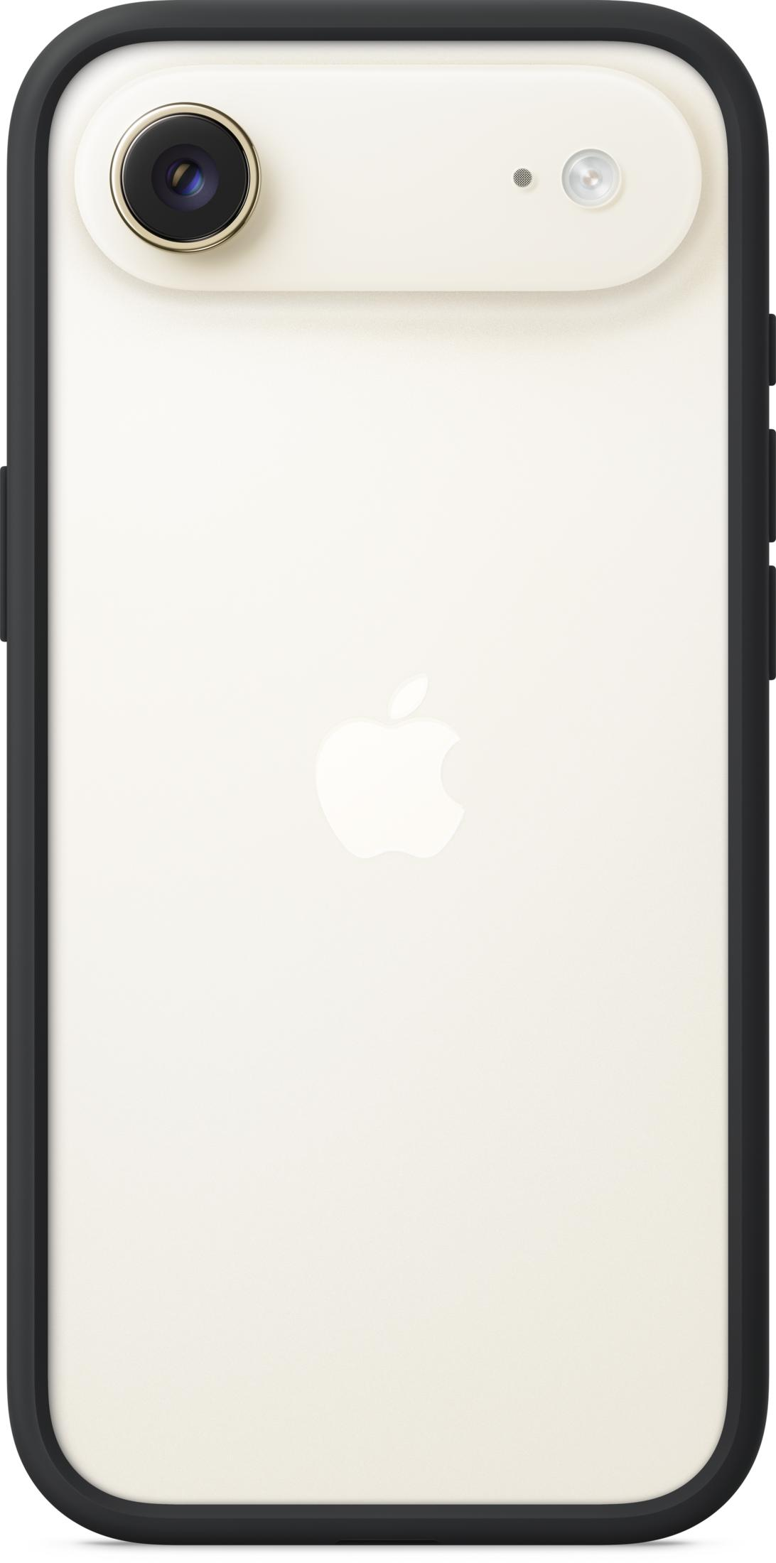 Parte trasera de un iPhone blanco con marco negro y logo de Apple.