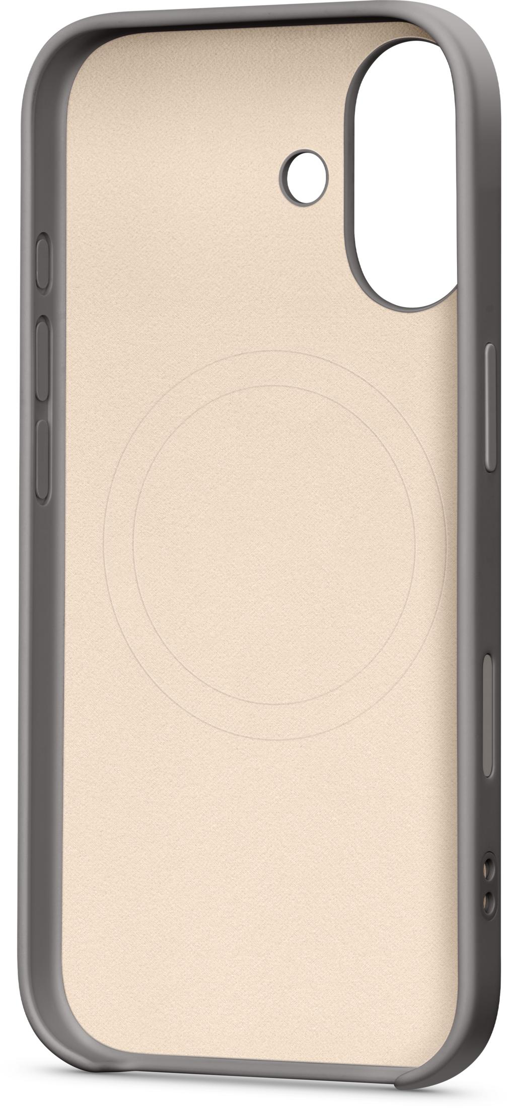 Szara, materiałowa obudowa na telefon z okrągłym detalem.
