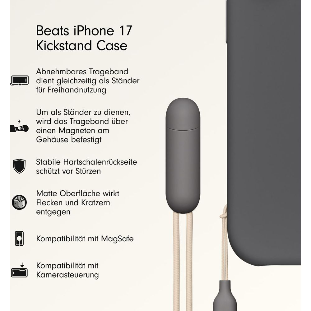 Szare etui Kickstand iPhone 17 z odpinanym paskiem, MagSafe.