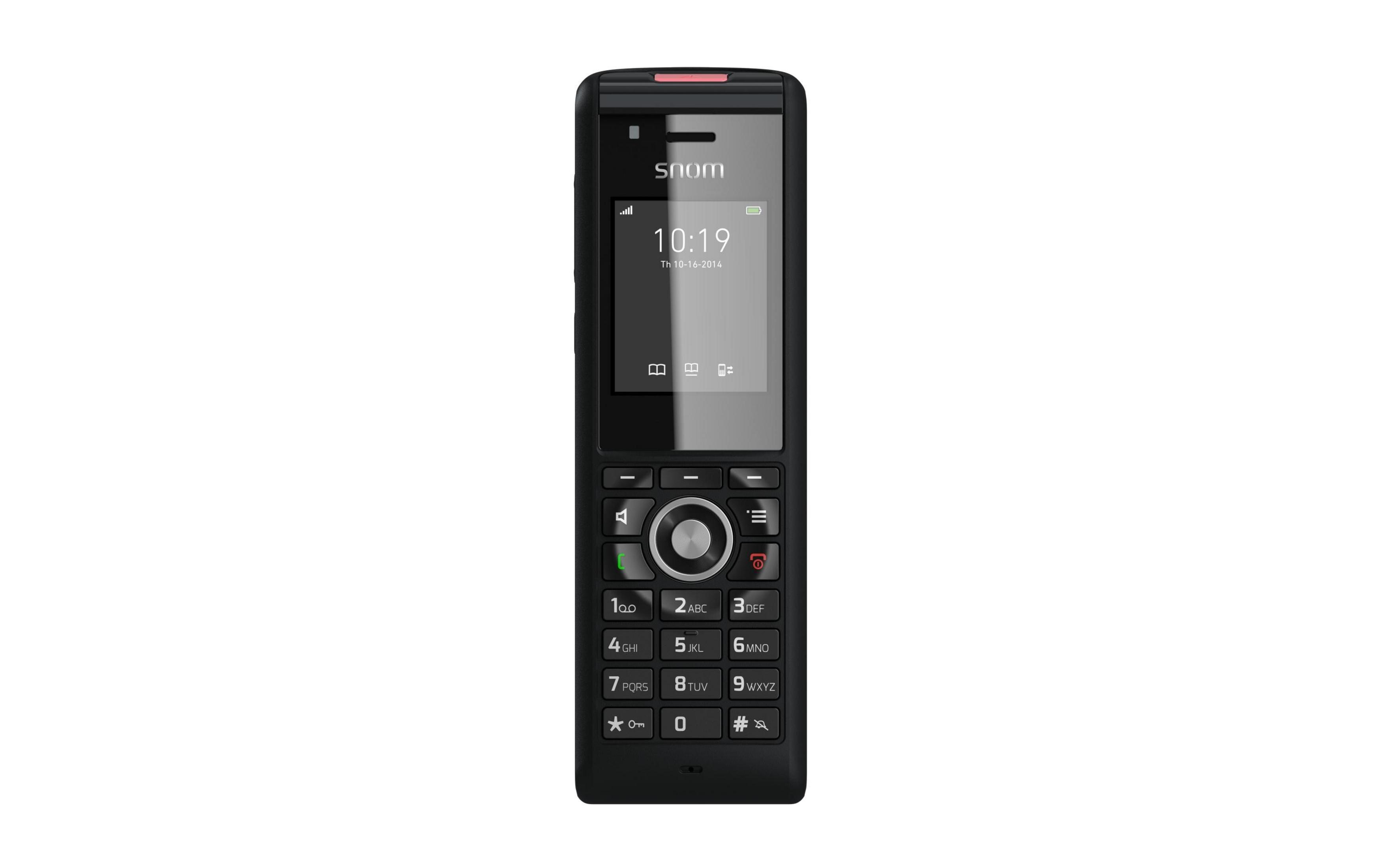 Schwarzes Snom-Tastenhandy mit Display, das 10:19 Uhr anzeigt.