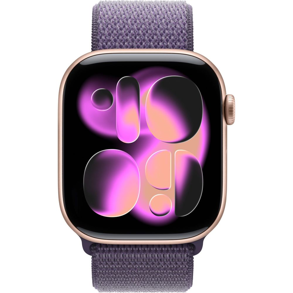 Złoty Apple Watch z fioletową bransoletą wyświetla abstrakcyjną tarczę.