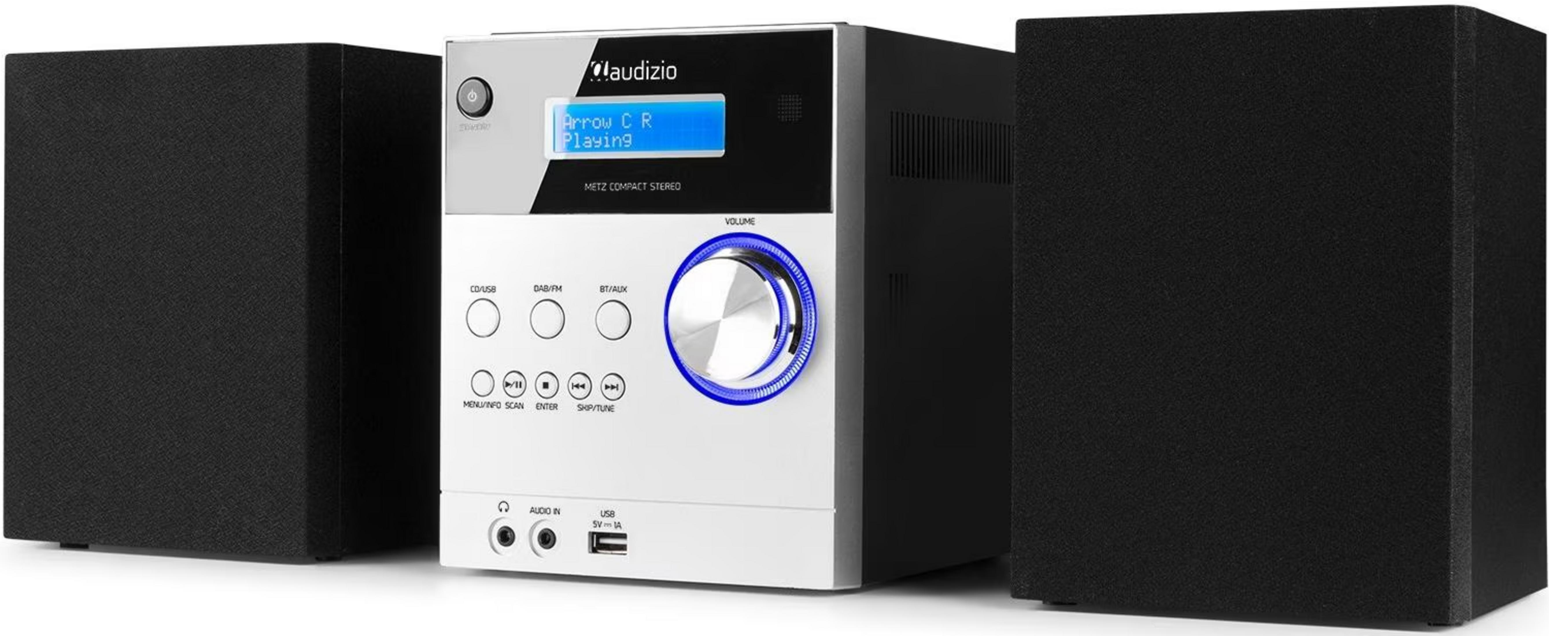 Un Audizio METZ Compact Stereo bianco con due altoparlanti neri.