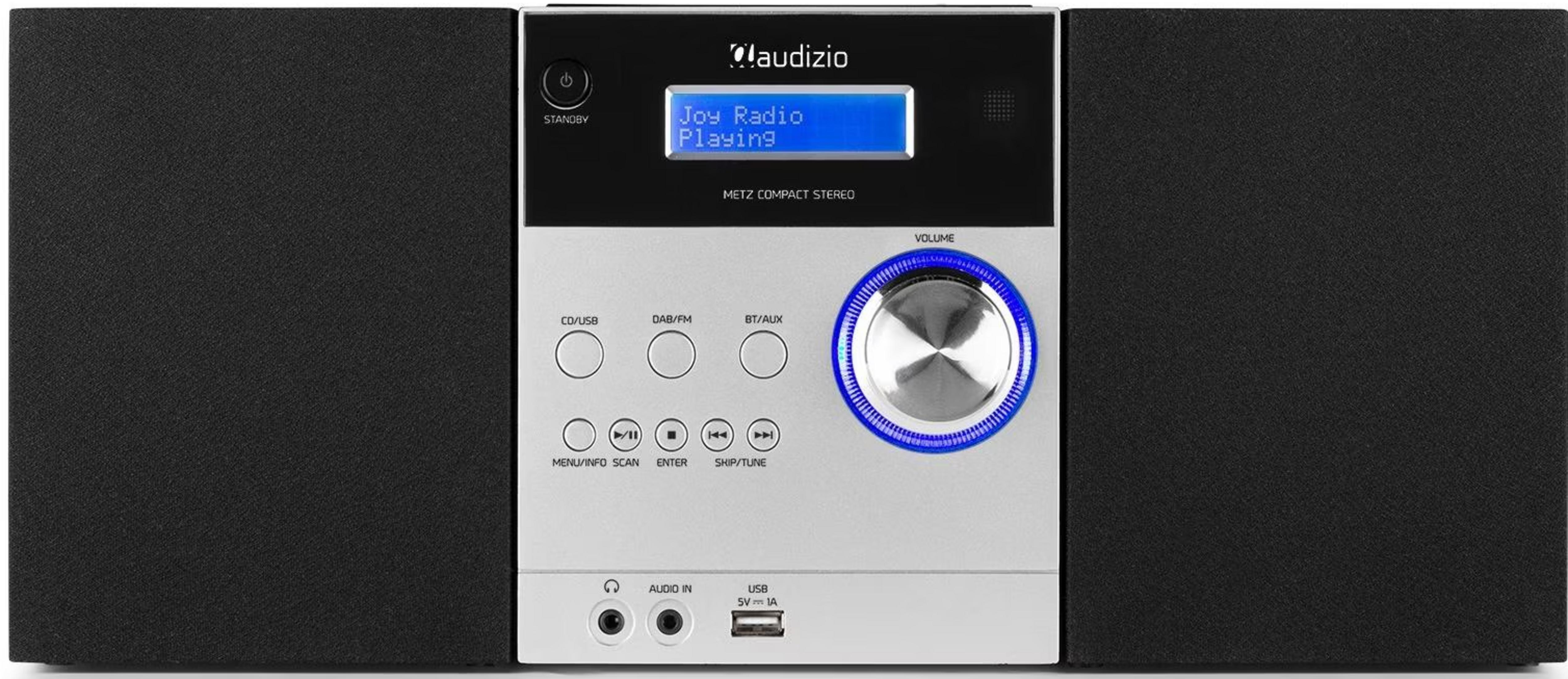 Impianto stereo compatto con altoparlanti, display LCD e anello volume blu.