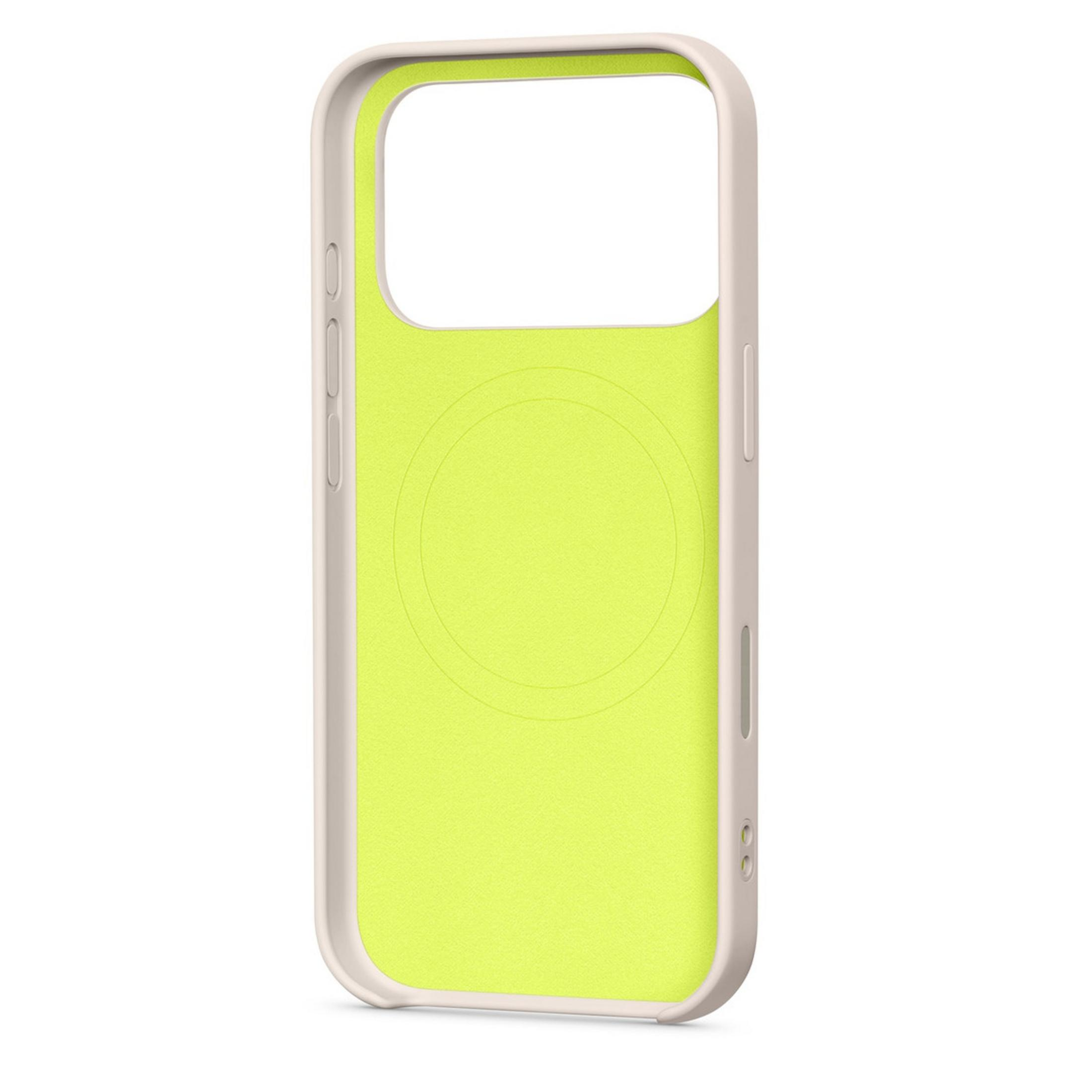 Una funda de teléfono beige claro con interior amarillo brillante y detalles circulares.