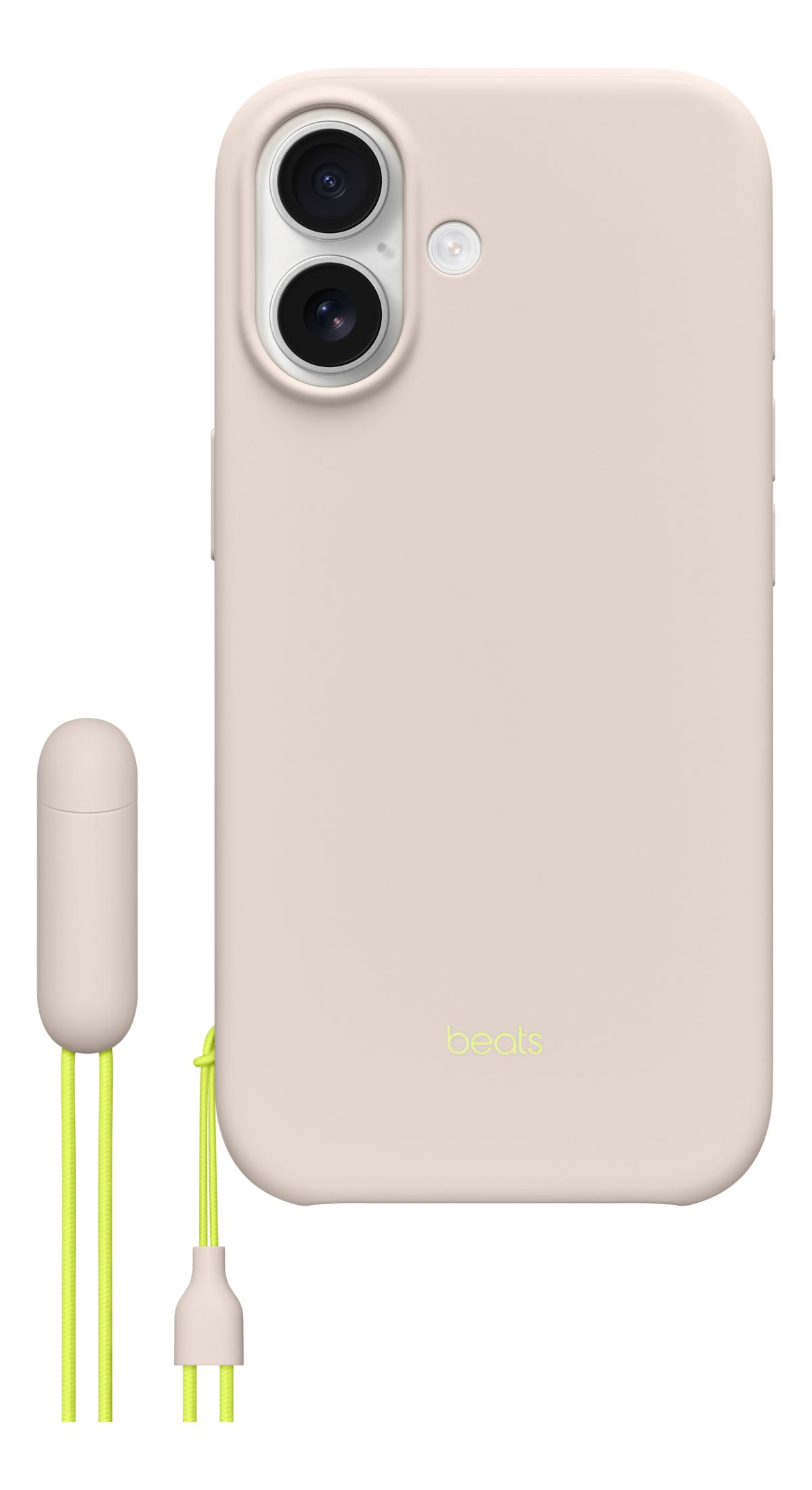 Jasnobeleżowa obudowa iPhone z dwoma aparatami i klipsem na kabel.