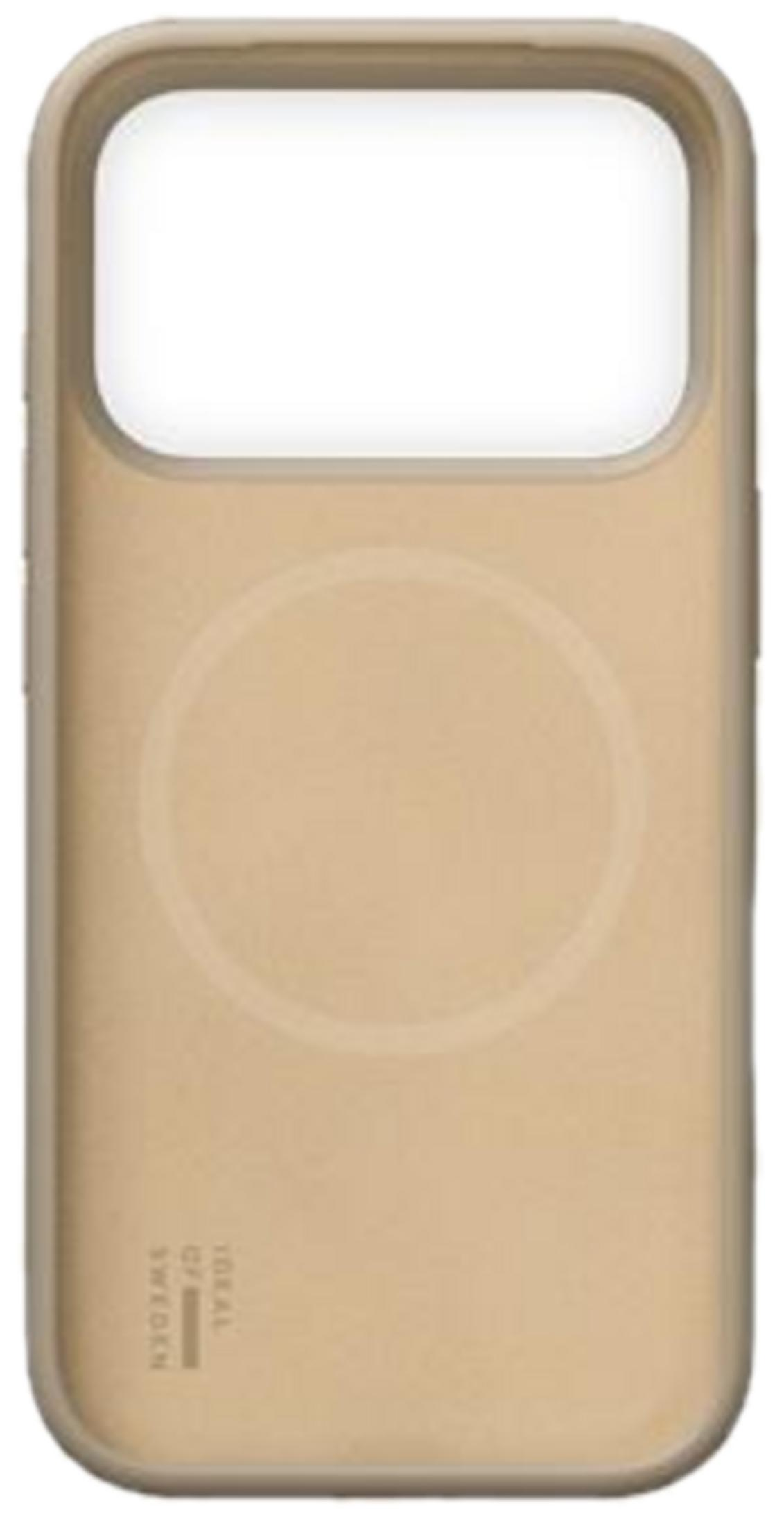 Eine beige Handyhülle mit einem kreisförmigen Muster und Text.