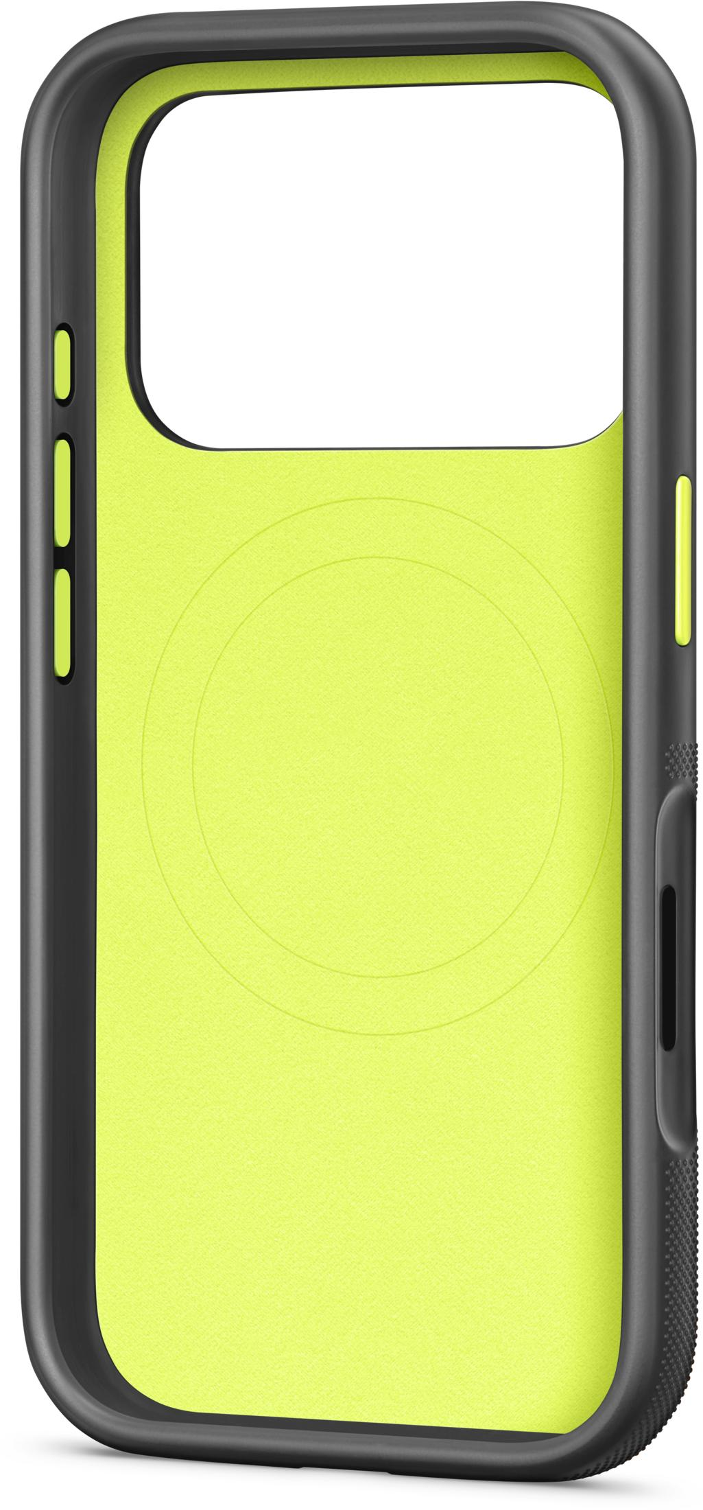 Custodia nera per iPhone con interno verde brillante e motivo circolare.
