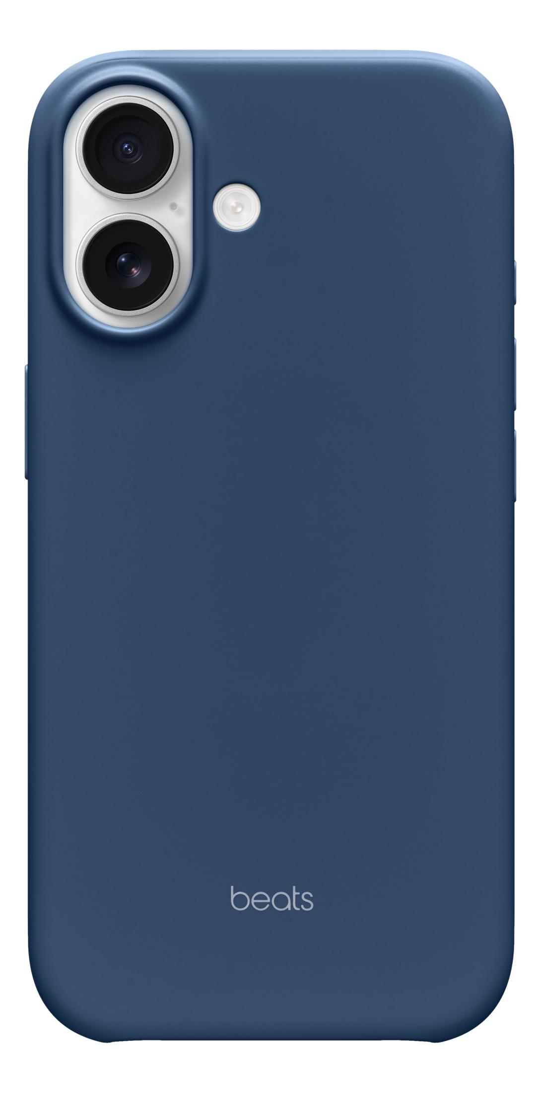 Granatowe etui na telefon z dwoma obiektywami i lampą błyskową.