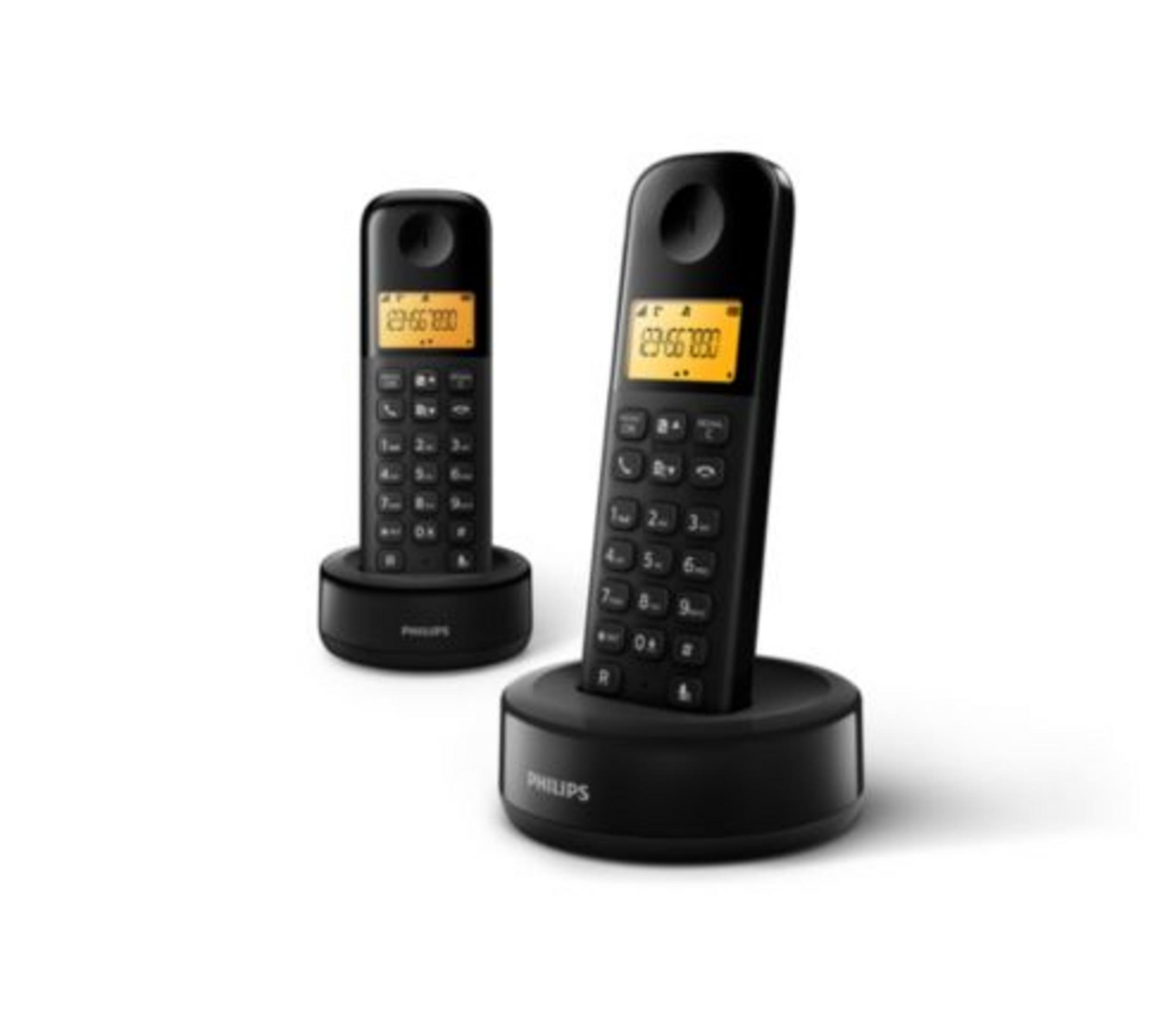 Deux téléphones sans fil noirs avec bases de chargement, sur fond blanc.