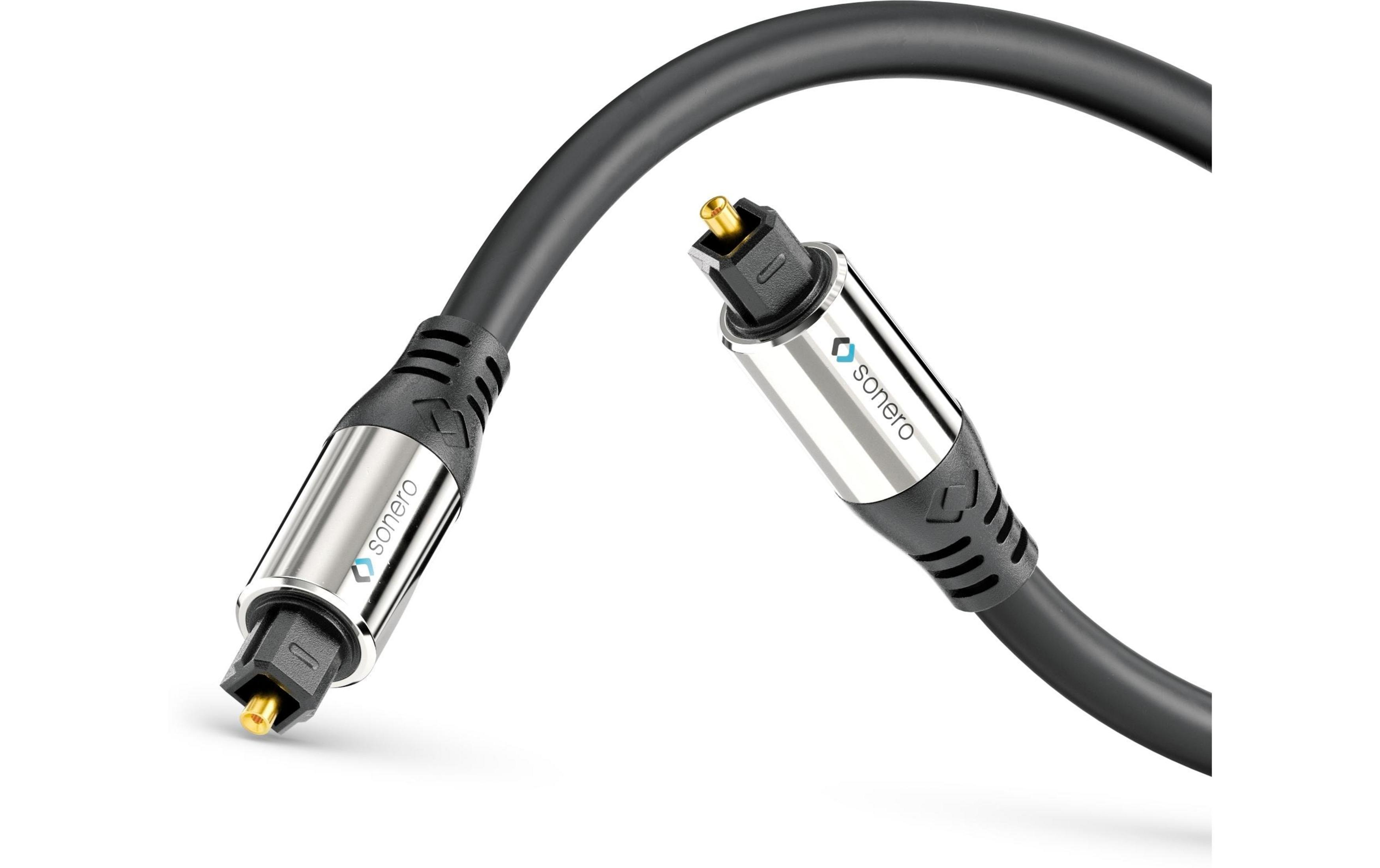 Ein digitales Audiokabel mit Toslink-Steckern und silbernen Anschlüssen.