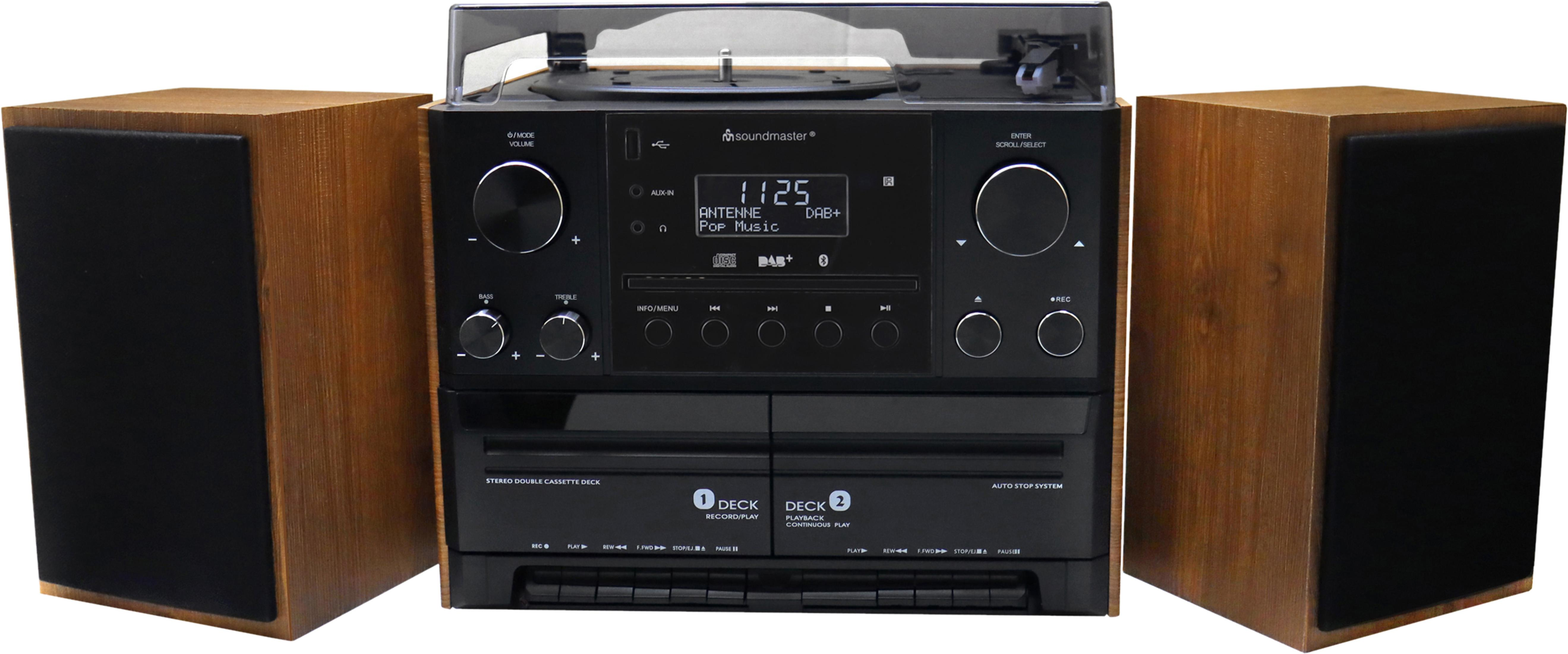 Ein Soundmaster-Stereosystem mit Plattenspieler, Kassettendeck und CD-Player.