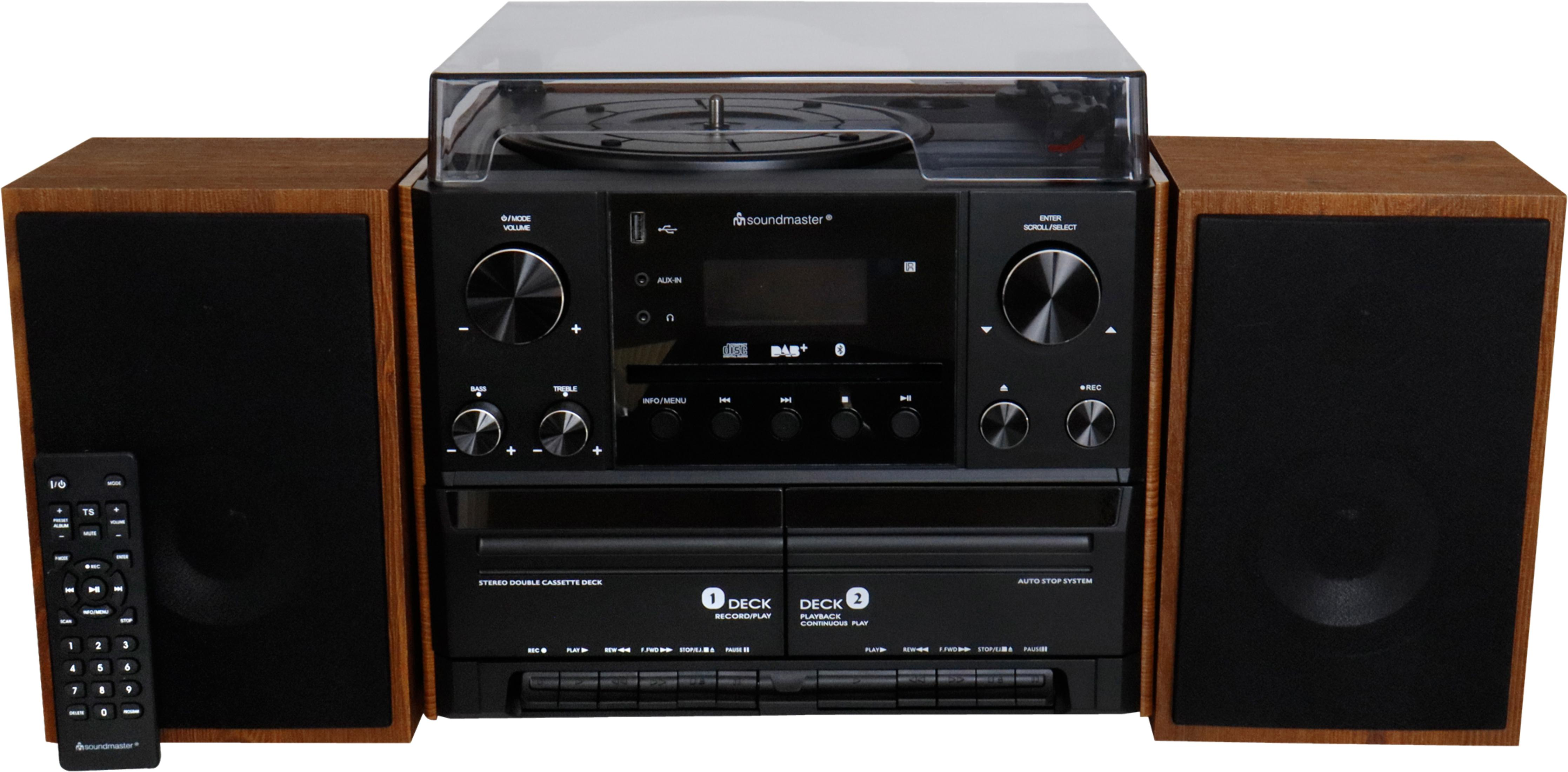 Ein Holzgehäuse-Stereosystem mit Plattenspieler, CD-Player, Kassettendeck und Fernbedienung.