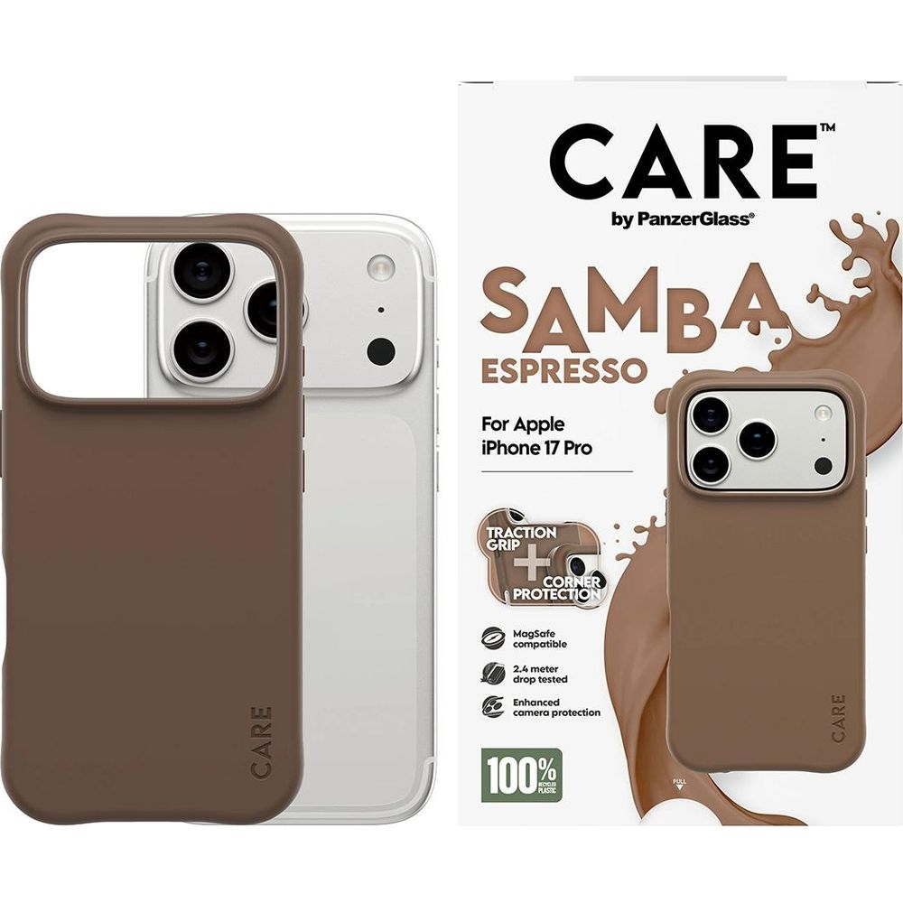 CARE logosu ve ürün detayları olan iPhone 17 Pro için kahverengi kılıf.