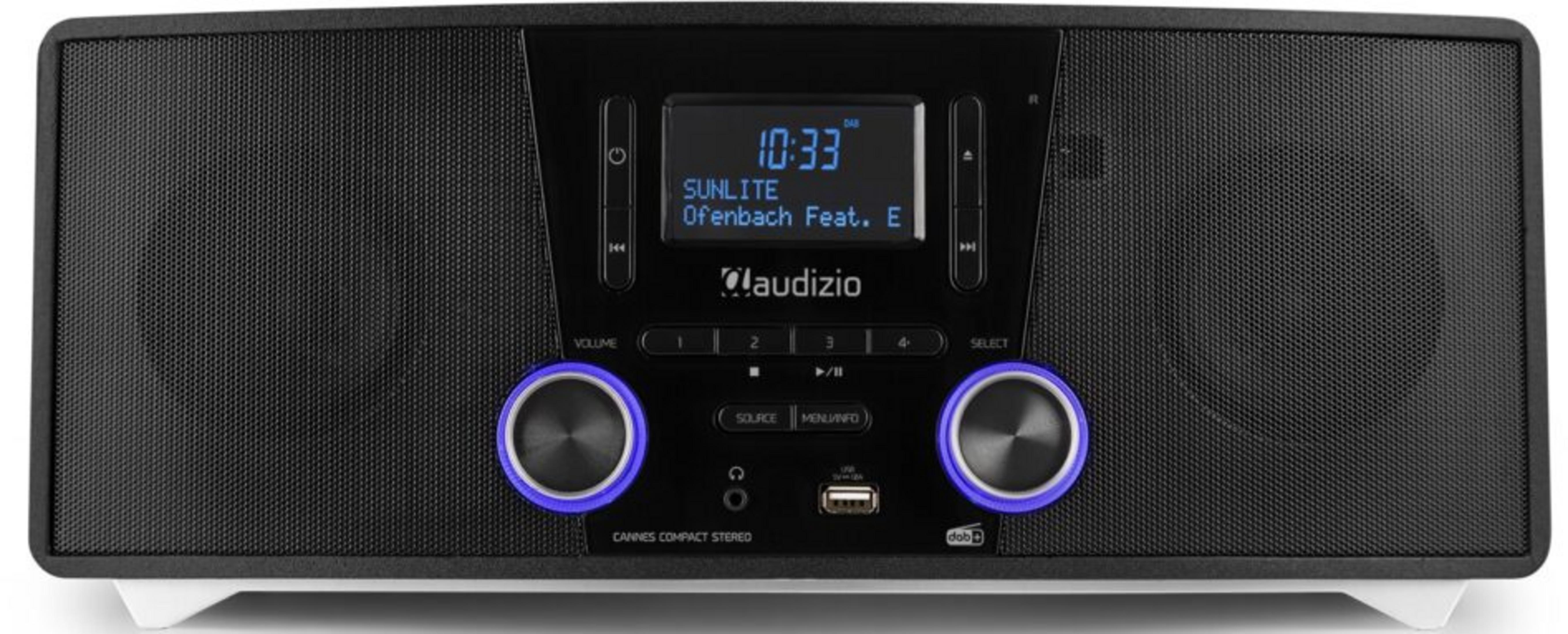 Reproductor de CD de radio DAB Audizio negro con anillos de luz azul y pantalla digital.