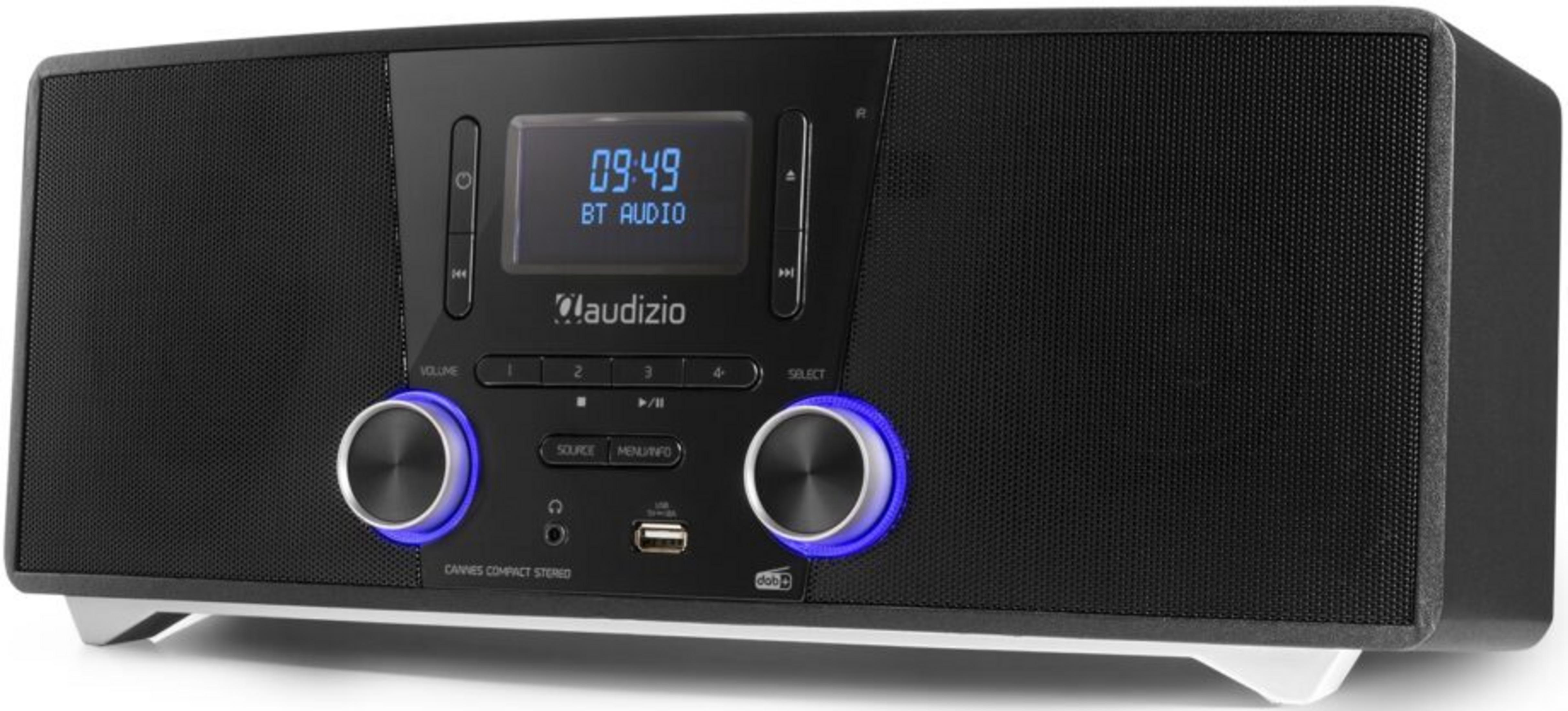 Receptor de radio digital negro con perillas y pantalla iluminadas en azul.