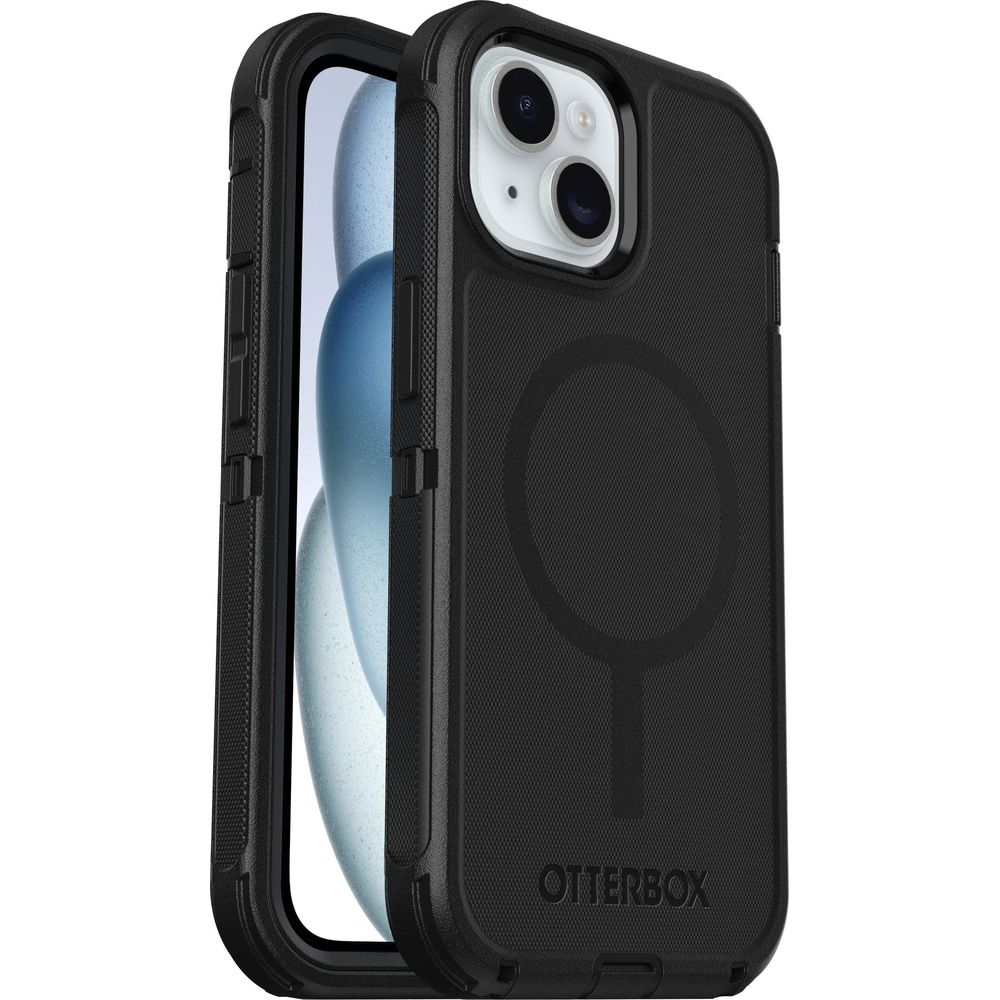 Zwarte telefoonhoes met cirkel- en ringpatroon, Otterbox-logo
