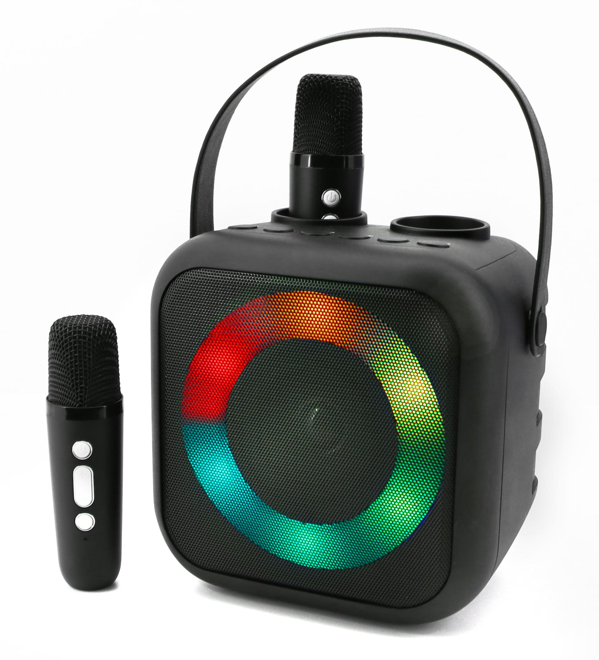 Schwarzer Bluetooth-Lautsprecher mit Mikrofon und Farb-LED-Ring.