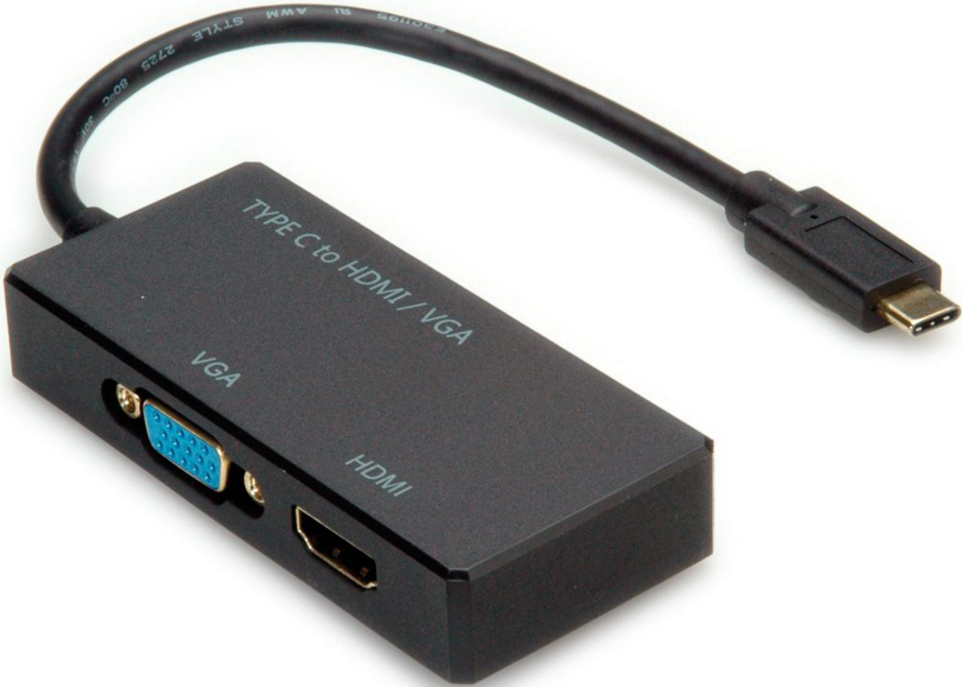 Schwarzer USB-C-Adapter mit HDMI-, VGA-Anschluss und Typ-C-Stecker.