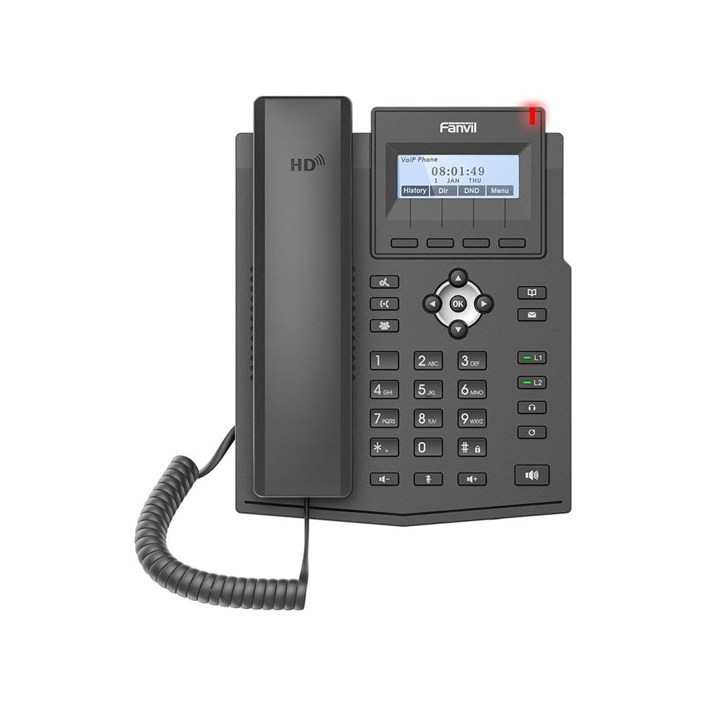 Un telefono VoIP Fanvil nero con cornetta HD e display illuminato.
