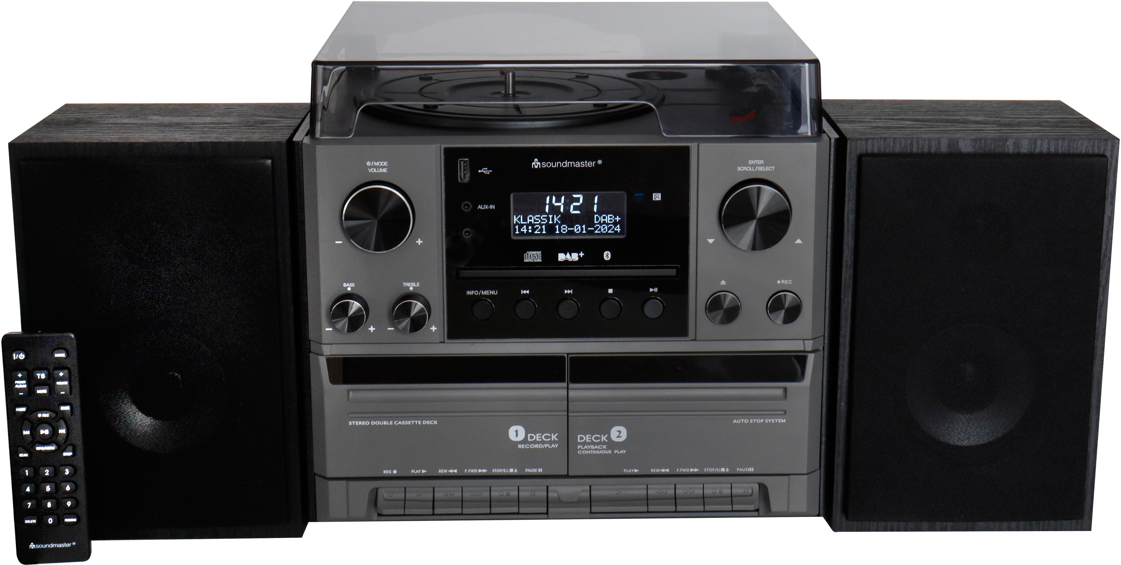Ein graues Stereo-System mit Plattenspieler, CD-Player, Kassettendeck und Lautsprechern.