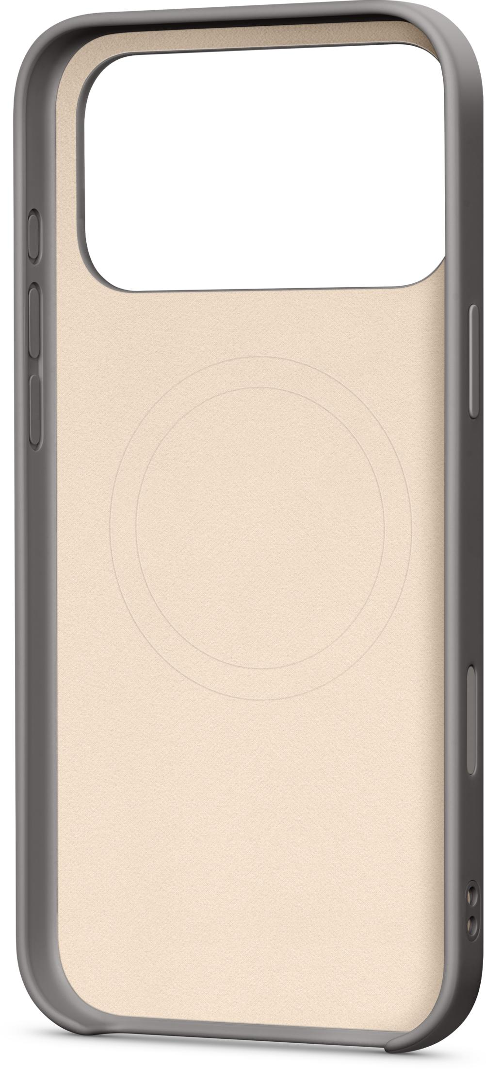 Beżowe etui na telefon z szarymi bokami i okręgiem z tyłu.