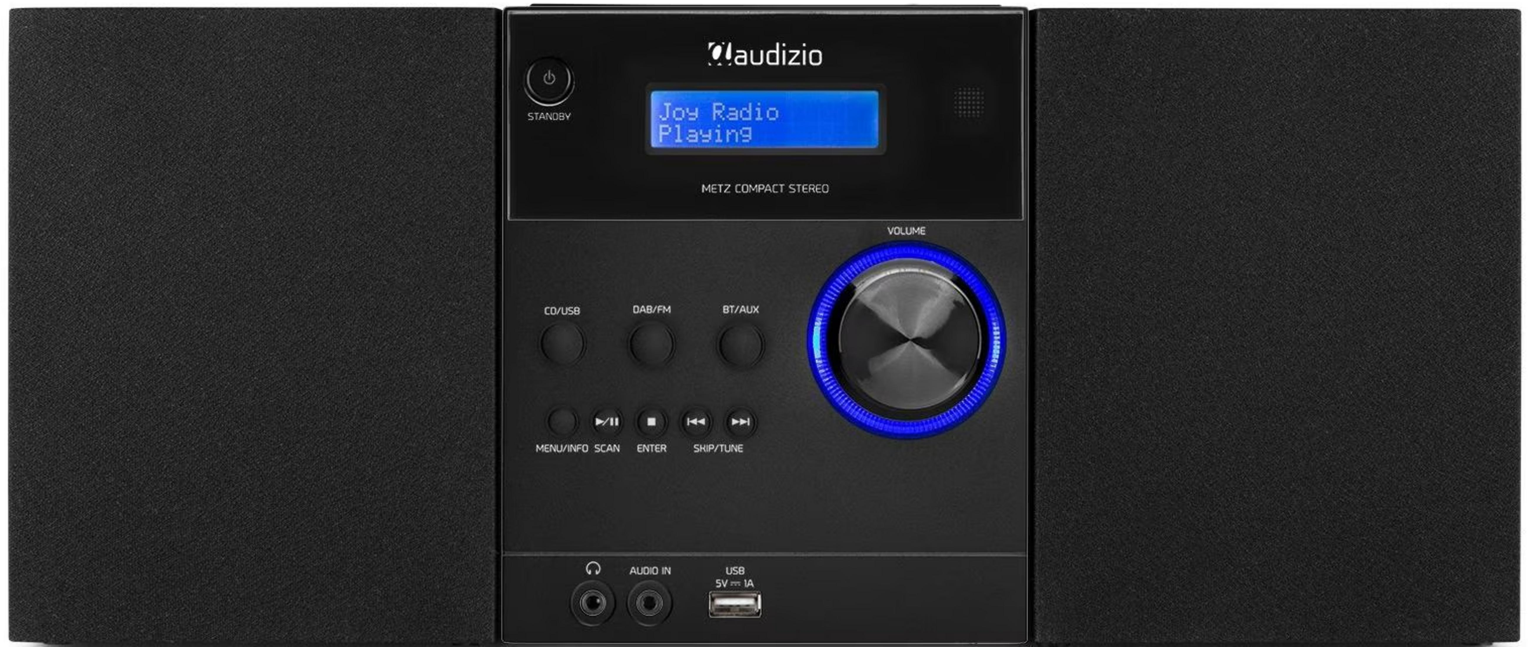 Radio Audizio "Metz Compact Stereo" nera con manopola del volume illuminata di blu.
