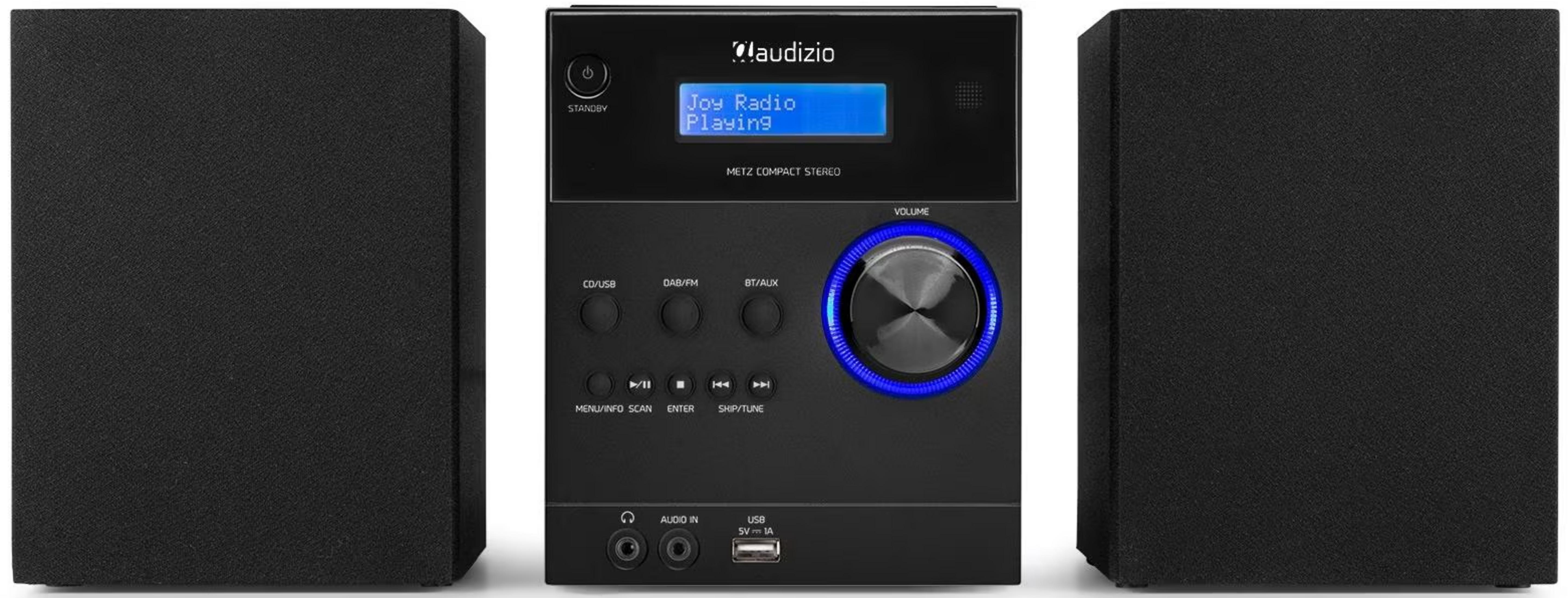 Un Audizio Met Compact Stereo nero con due altoparlanti.