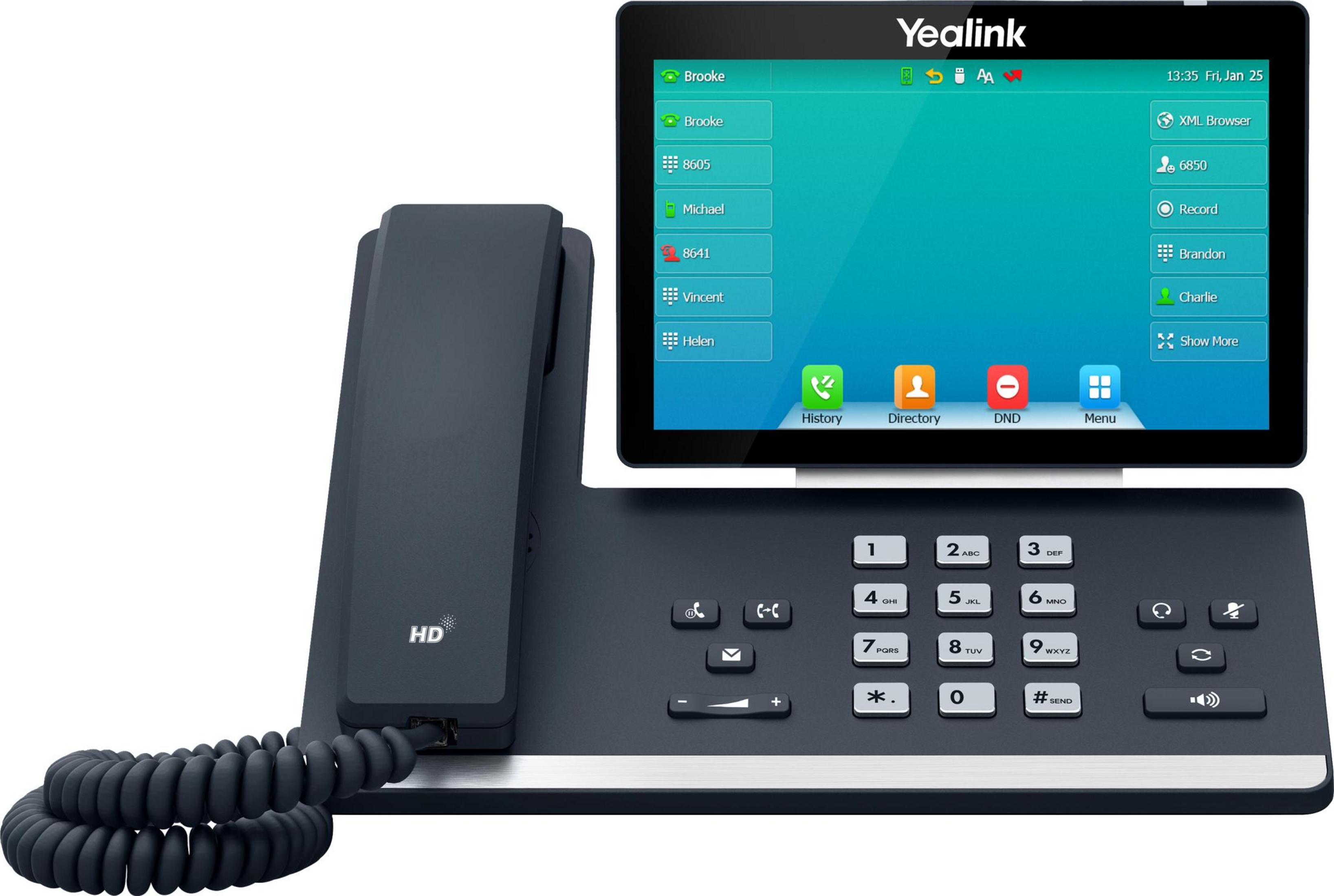 Ein dunkelgraues Yealink IP-Telefon mit Touchscreen-Display, das Kontakte und Symbole anzeigt.