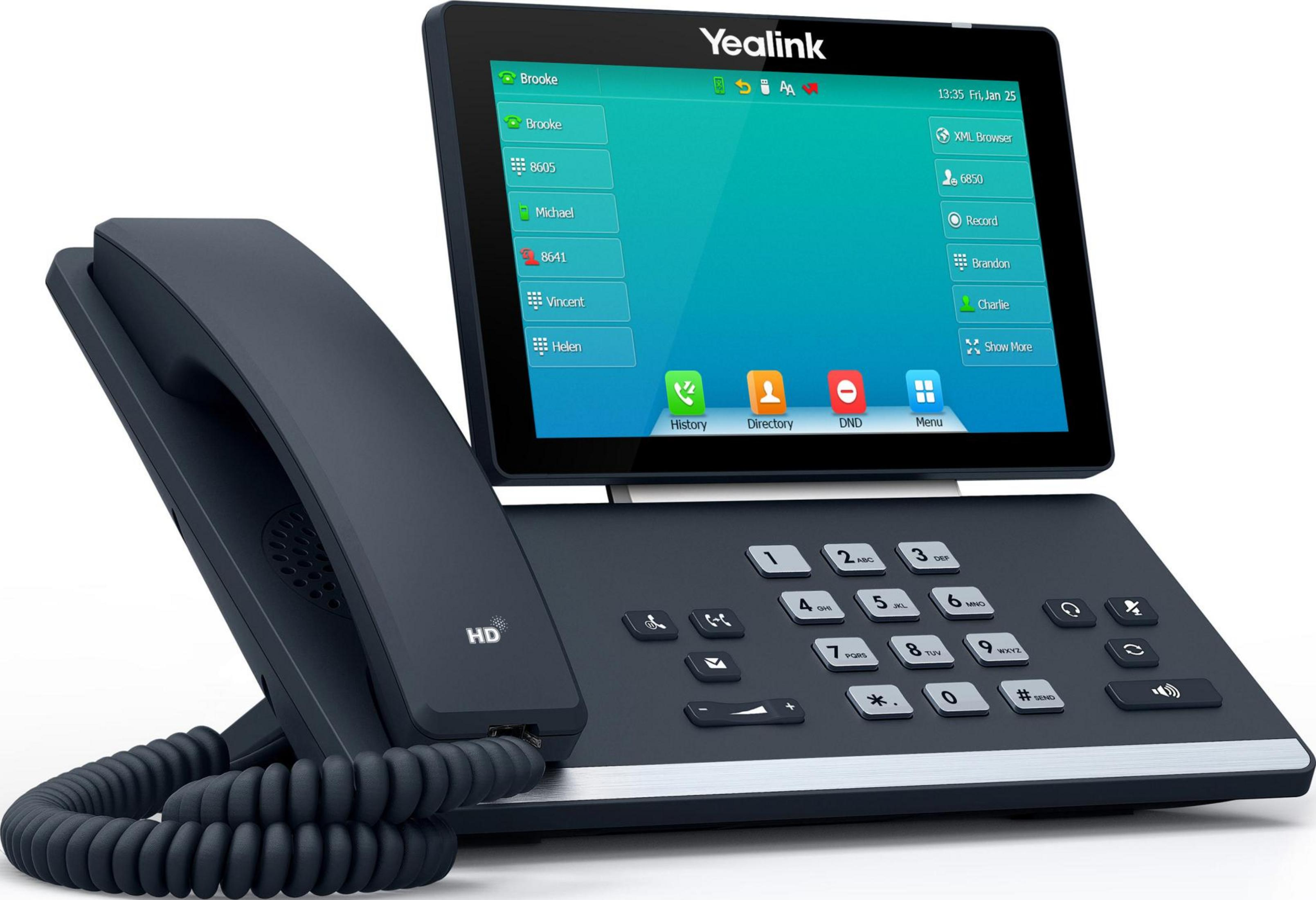 Ein dunkles Tischtelefon mit Touchscreen-Display und Tastatur.
